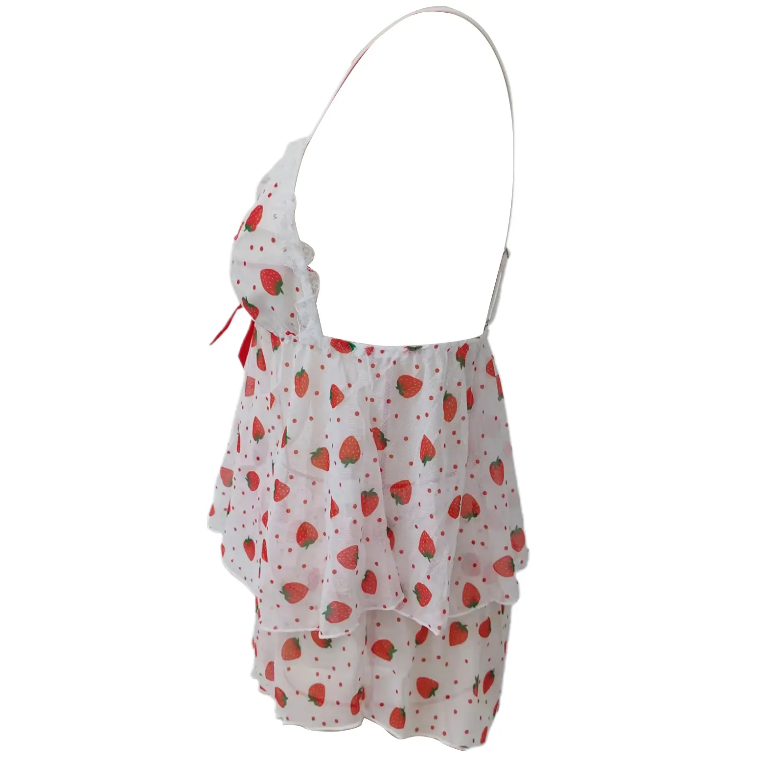 Women Pajama Shorts Set Strawberry Print Lace Trim V Neck Cami Tops Mini Shorts 2 Pcs Sleepwear Outfit