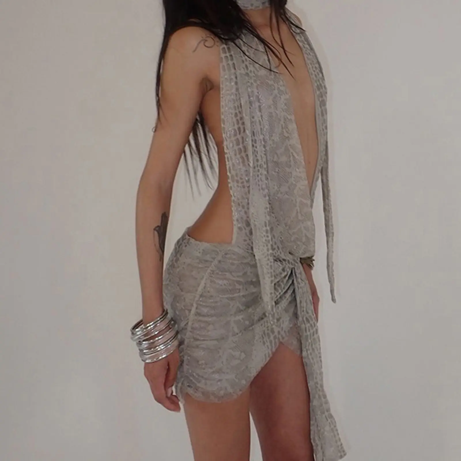 Women Lingerie Nightdress Snake Print Halter Bodycon Mini Short Sleepwear Tie-up Dress