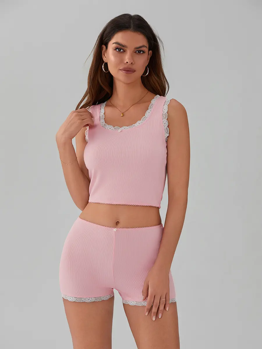 Women's Casual 2 Piece Summer Set, Lace Trim Scoop Neck Soft Crop Tank Tops + Elastic Waist Short Casual Outfits