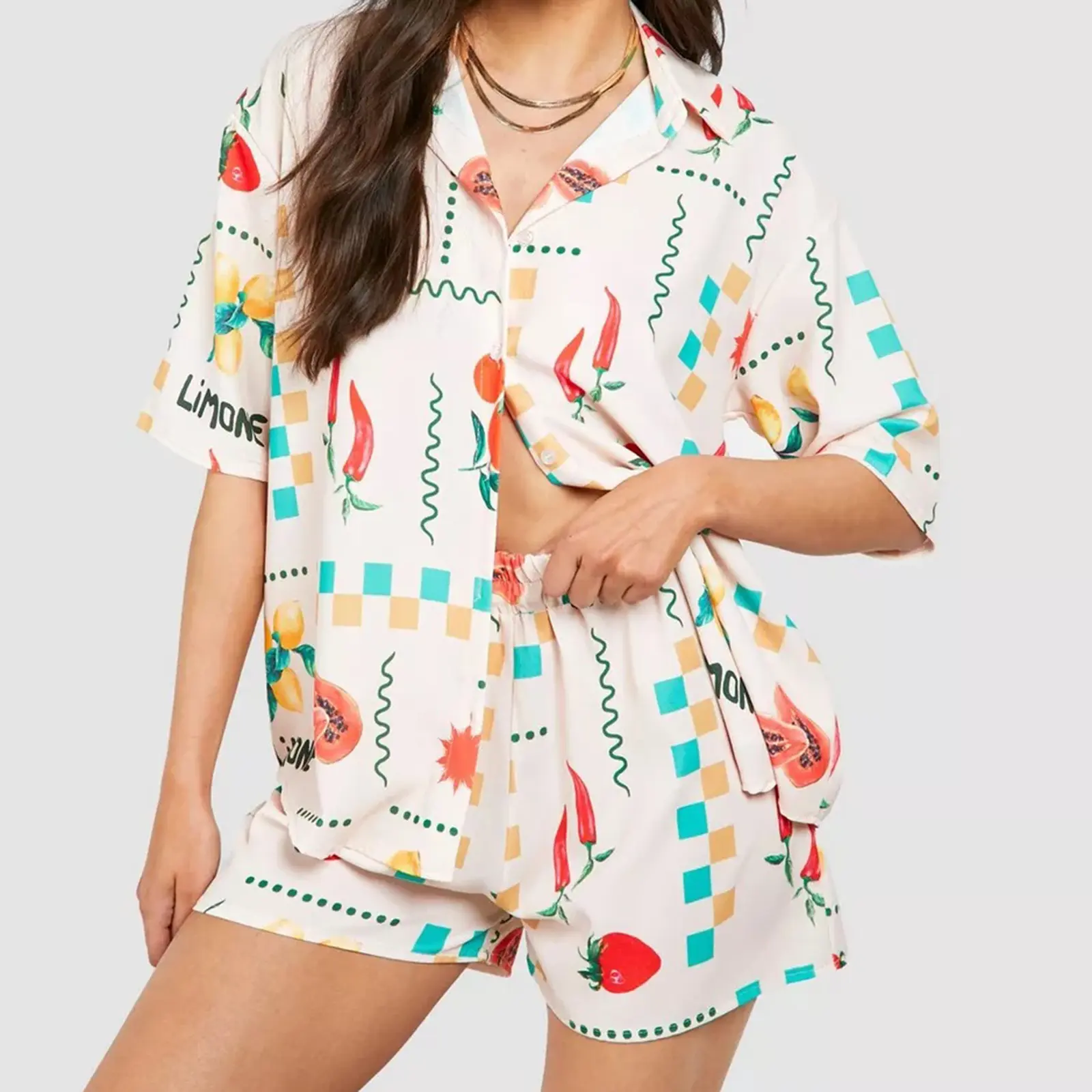 Women Pajamas Set 2 Pieces Loungewear Suits Fruits/Leaves Print Short Sleeve Tops and Shorts 2 Piece Loungewear Outfits