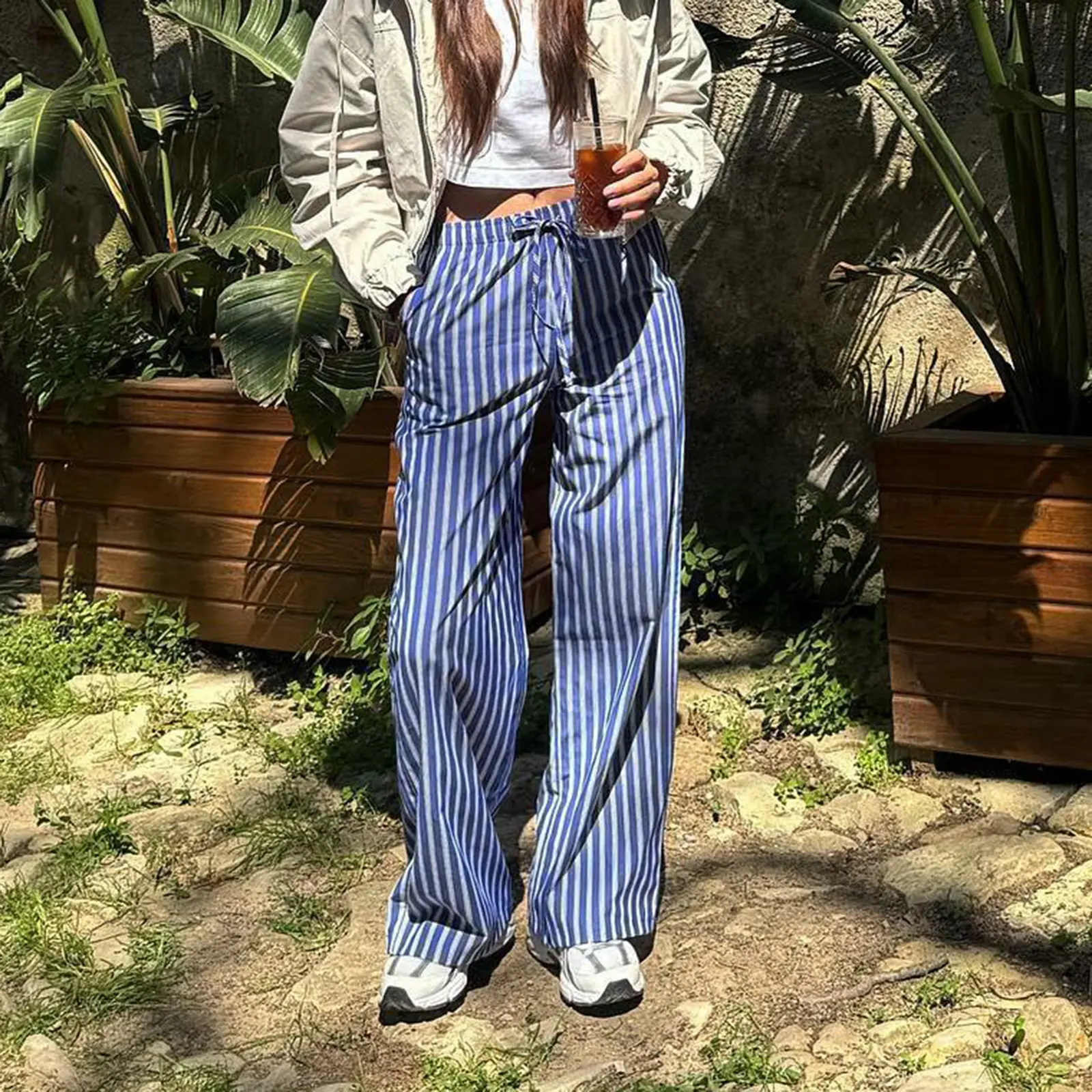 Women Casual Striped Pants, Elastic Waist Casual Loose Trousers Lounge Pants Pajama Pants Dailywear
