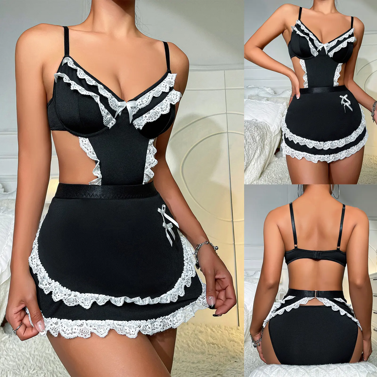 Women's Naughty Lingerie Sets Sleeveless Lace Trim Cami Dress & Thong Sets