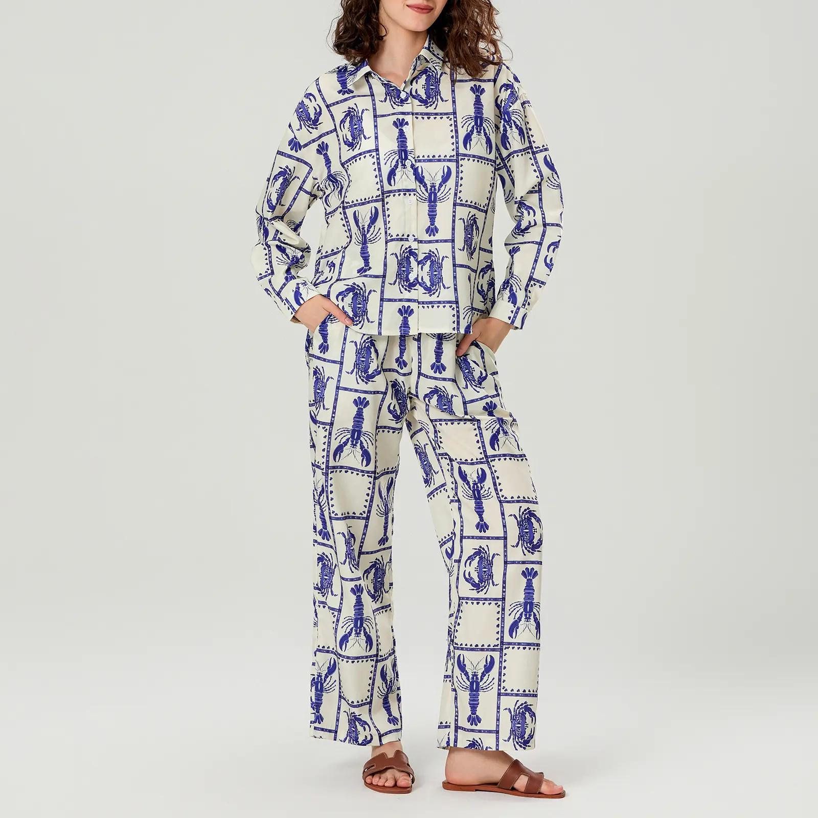 Women Fall Casual Outfits Lobster Print Button Long Sleeves Shirt and Elastic Pants 2 Piece Set Streetwear