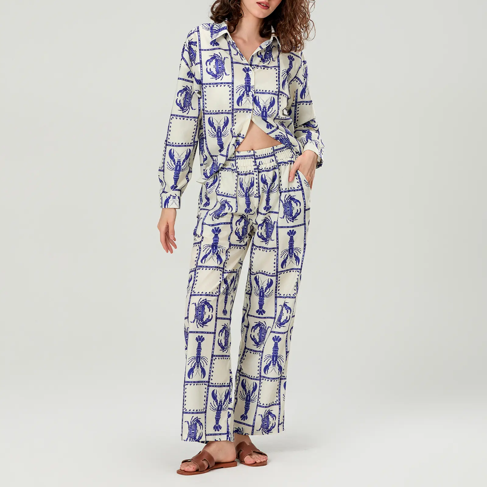Women Fall Casual Outfits Lobster Print Button Long Sleeves Shirt and Elastic Pants 2 Piece Set Streetwear