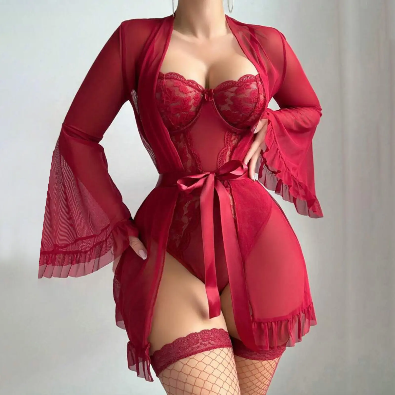 Women's Lingerie Set Mesh Lace Solid Babydoll Bodysuit with Long Sleeve Robe 2 Pcs Set