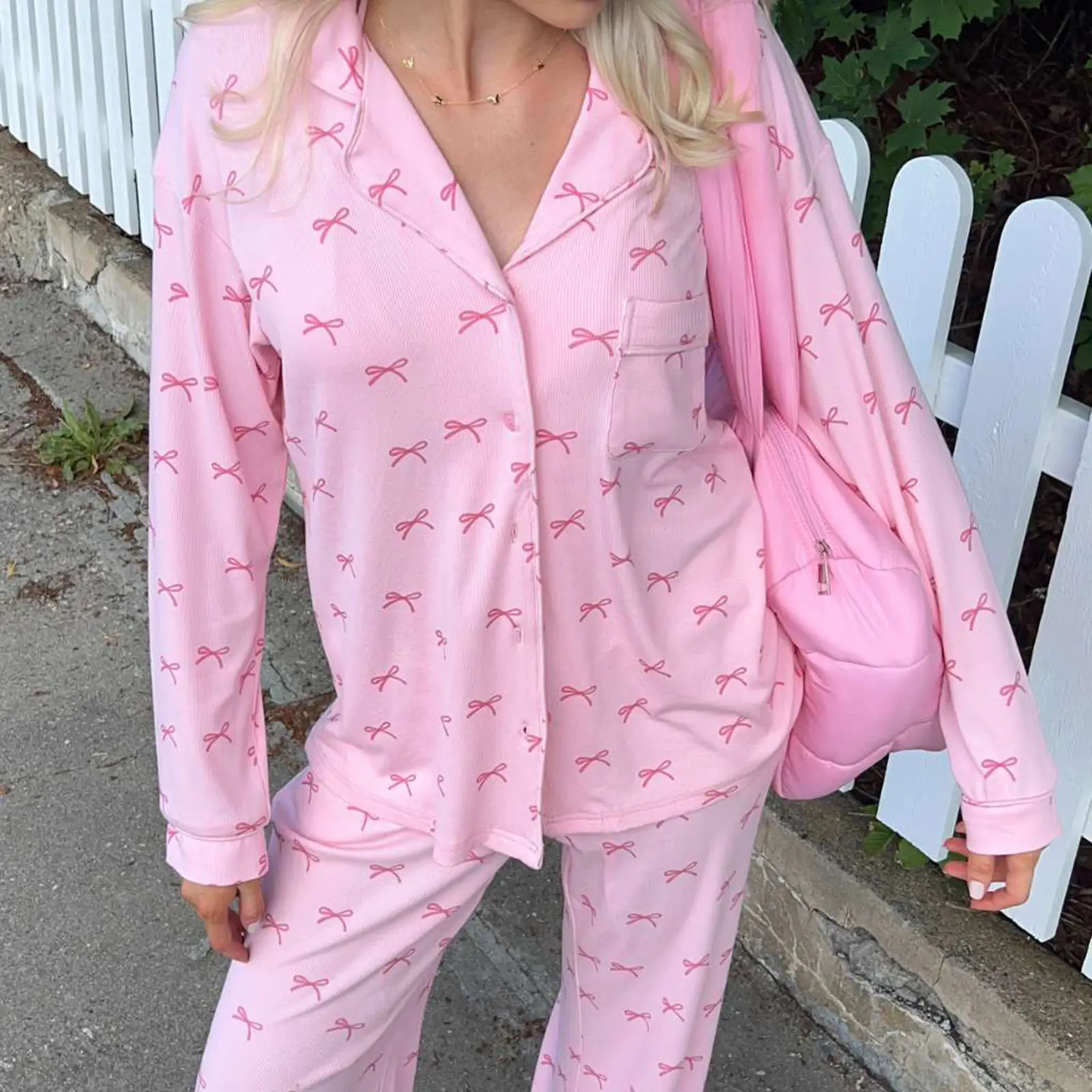 Women Pajama Set, Bowknot Print Long Sleeve Tops with Pants Sleepwear Loungewear