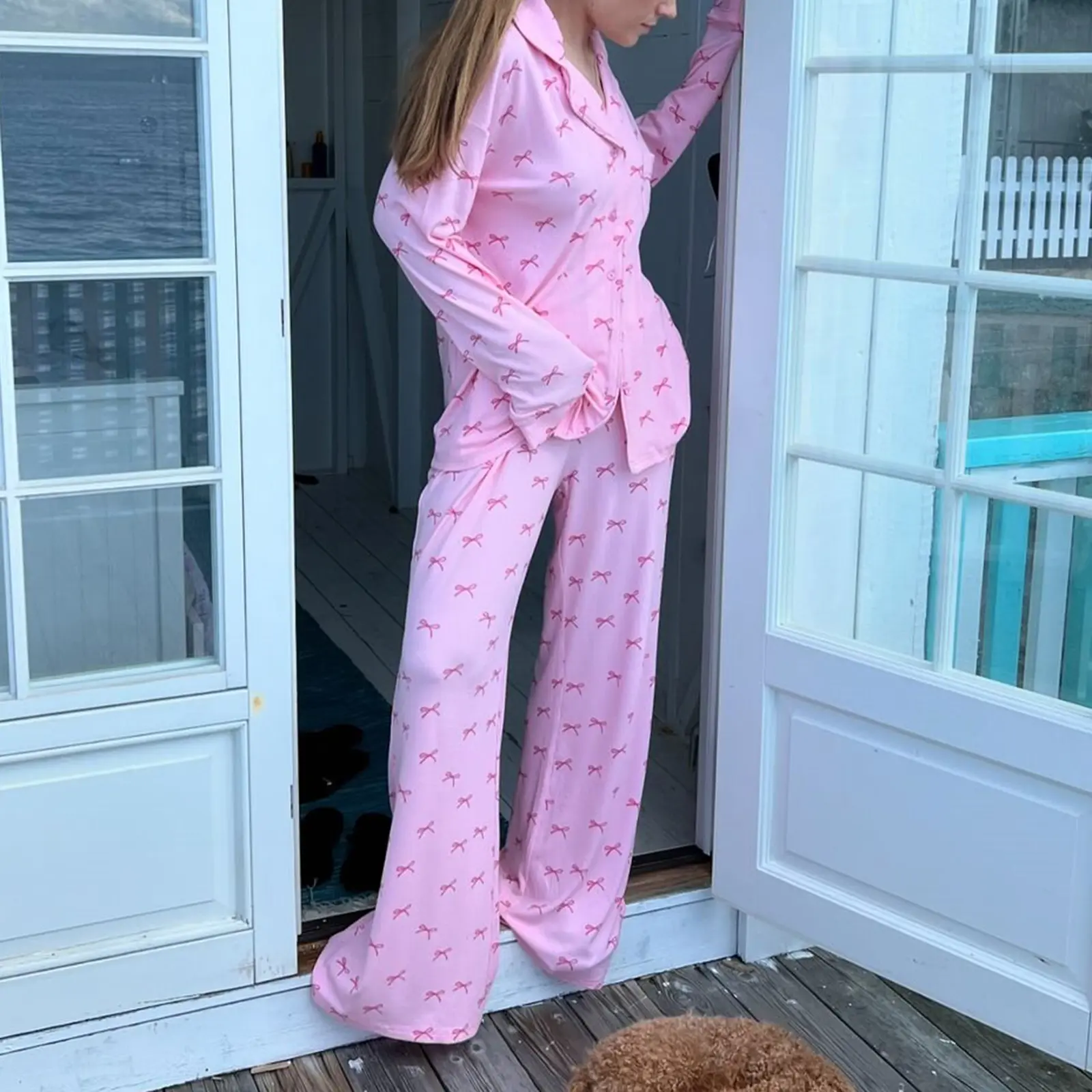 Women Pajama Set, Bowknot Print Long Sleeve Tops with Pants Sleepwear Loungewear