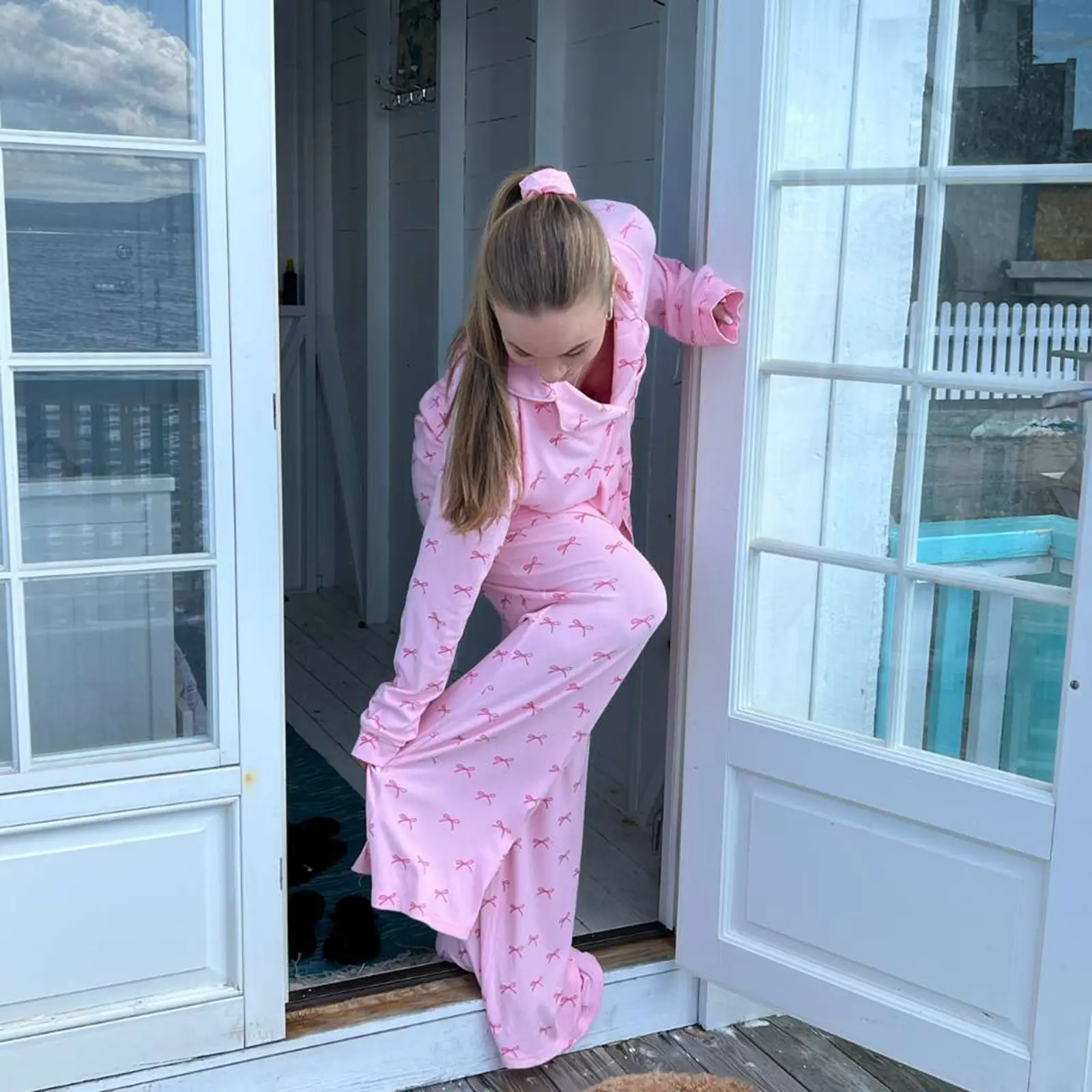 Women Pajama Set, Bowknot Print Long Sleeve Tops with Pants Sleepwear Loungewear