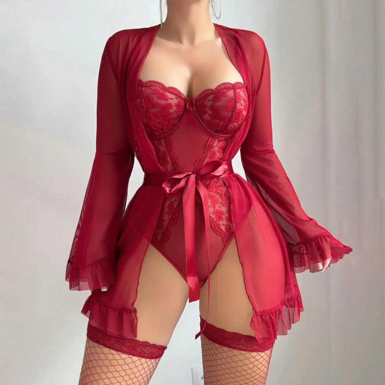 Women's Lingerie Set Mesh Lace Solid Babydoll Bodysuit with Long Sleeve Robe 2 Pcs Set