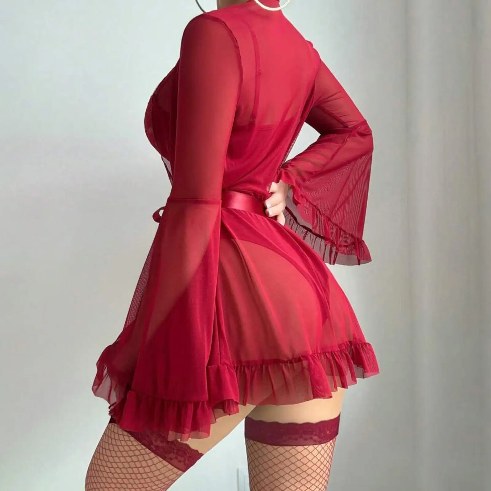 Women's Lingerie Set Mesh Lace Solid Babydoll Bodysuit with Long Sleeve Robe 2 Pcs Set