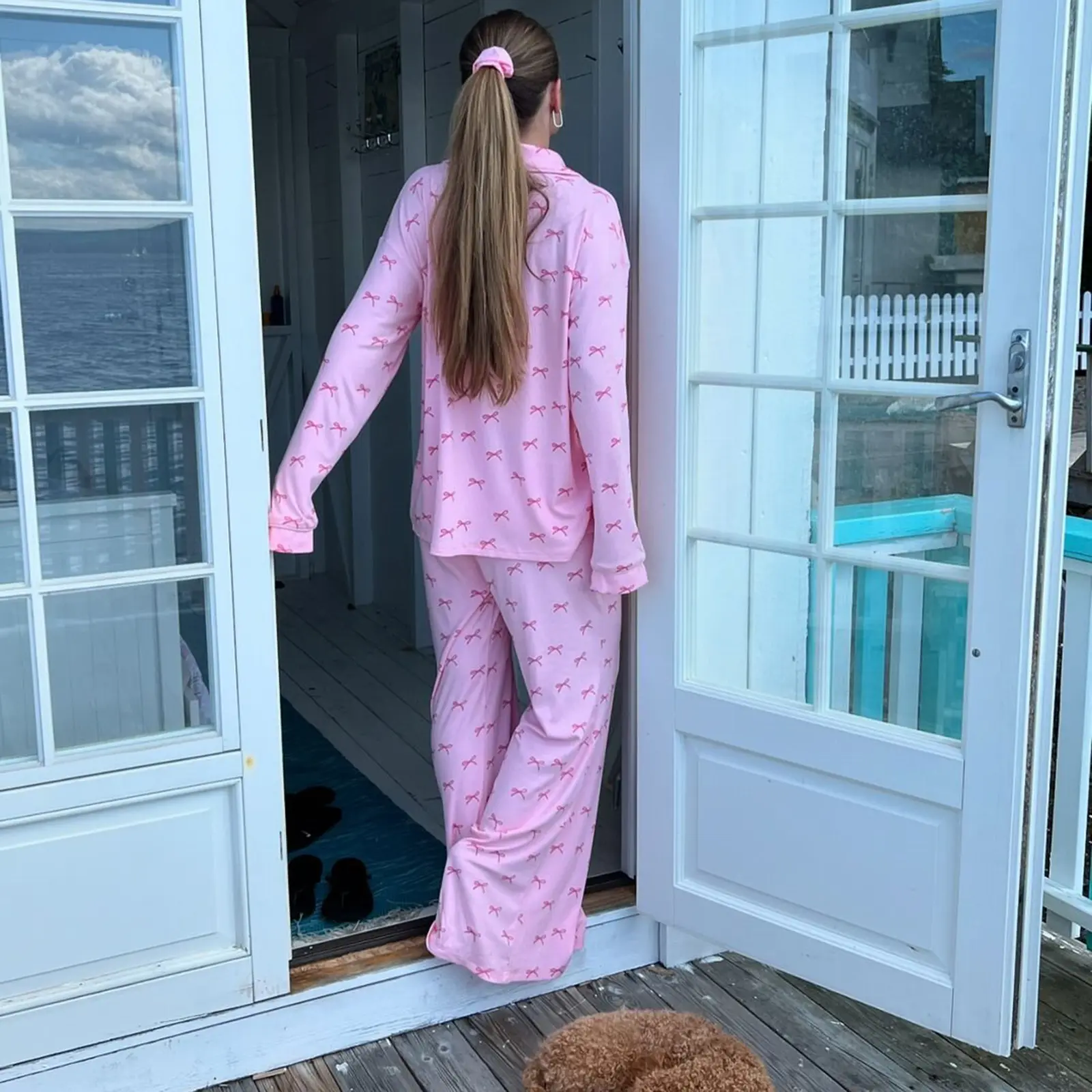 Women Pajama Set, Bowknot Print Long Sleeve Tops with Pants Sleepwear Loungewear