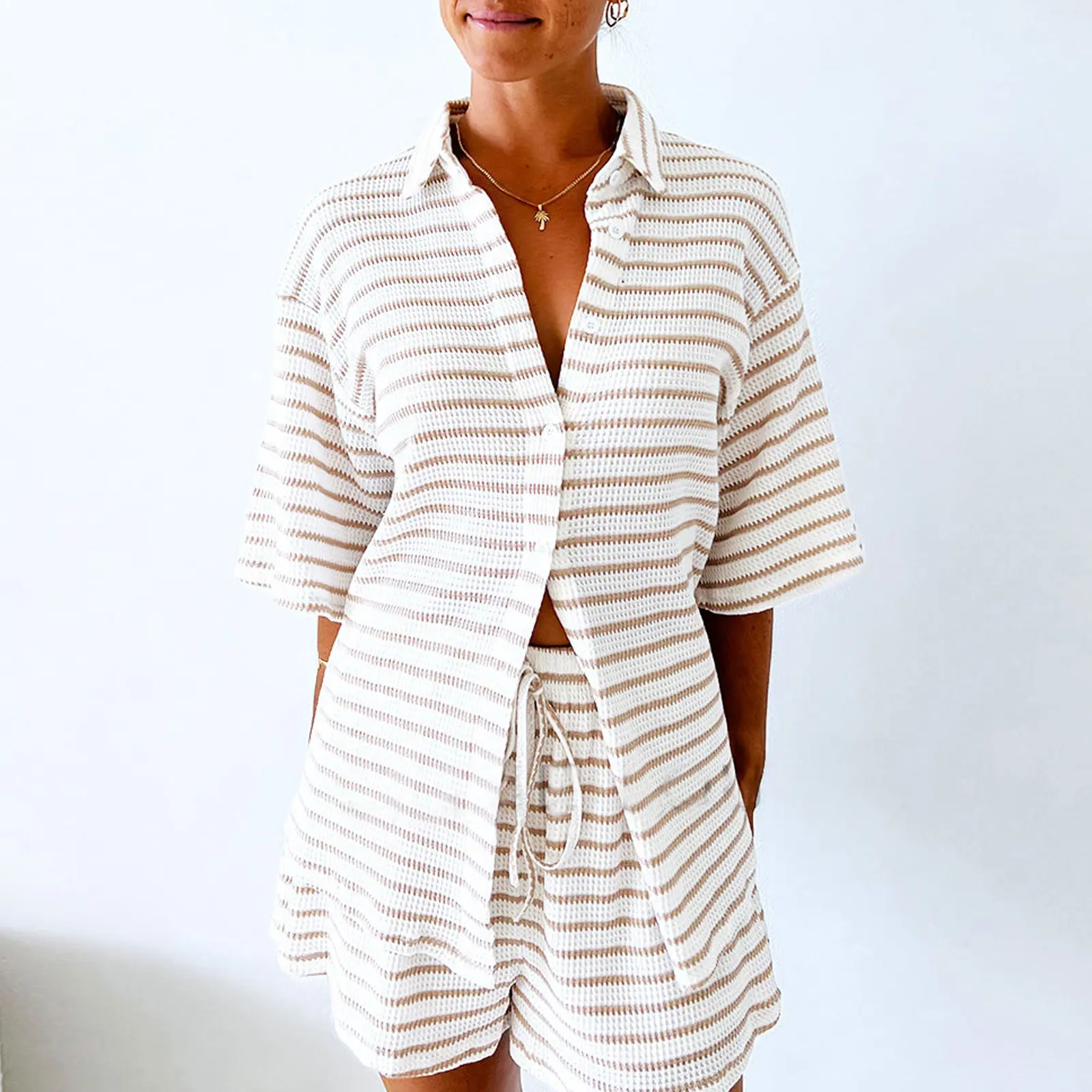 Women's Casual Stripe Loungewear Set Short Sleeve Lapel Button Down T-Shirt with Elastic Waist Shorts Sleepwear