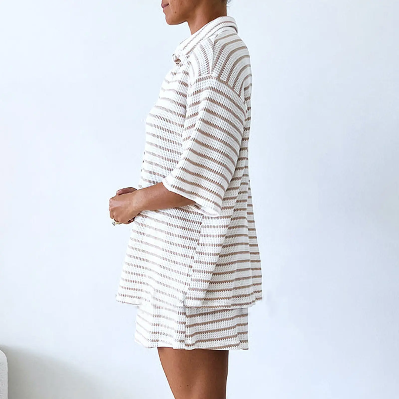 Women's Casual Stripe Loungewear Set Short Sleeve Lapel Button Down T-Shirt with Elastic Waist Shorts Sleepwear