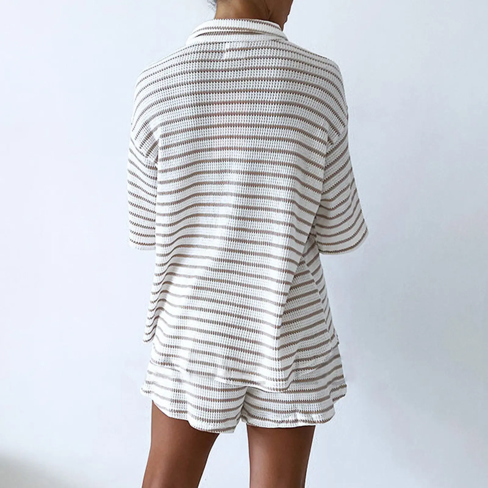 Women's Casual Stripe Loungewear Set Short Sleeve Lapel Button Down T-Shirt with Elastic Waist Shorts Sleepwear