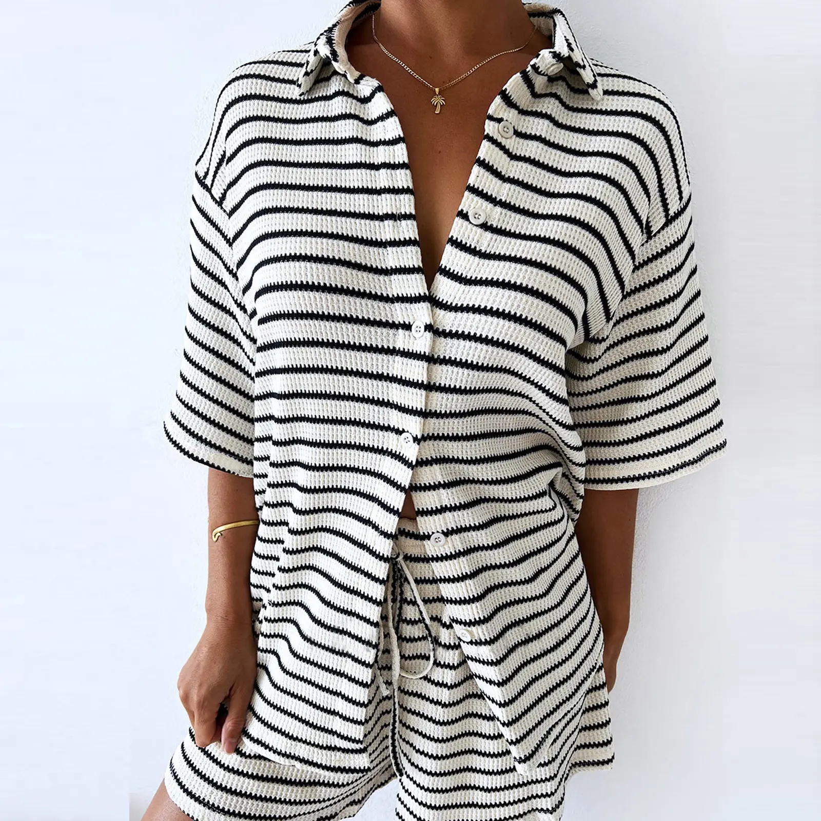Women's Casual Stripe Loungewear Set Short Sleeve Lapel Button Down T-Shirt with Elastic Waist Shorts Sleepwear
