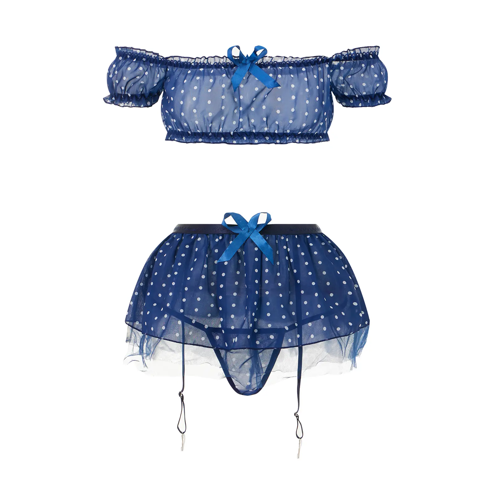 Women's Lingerie Outfits Off Shoulder Crop Tops + Dot Print Mini Skirt + Thong Babydoll Sleepwear