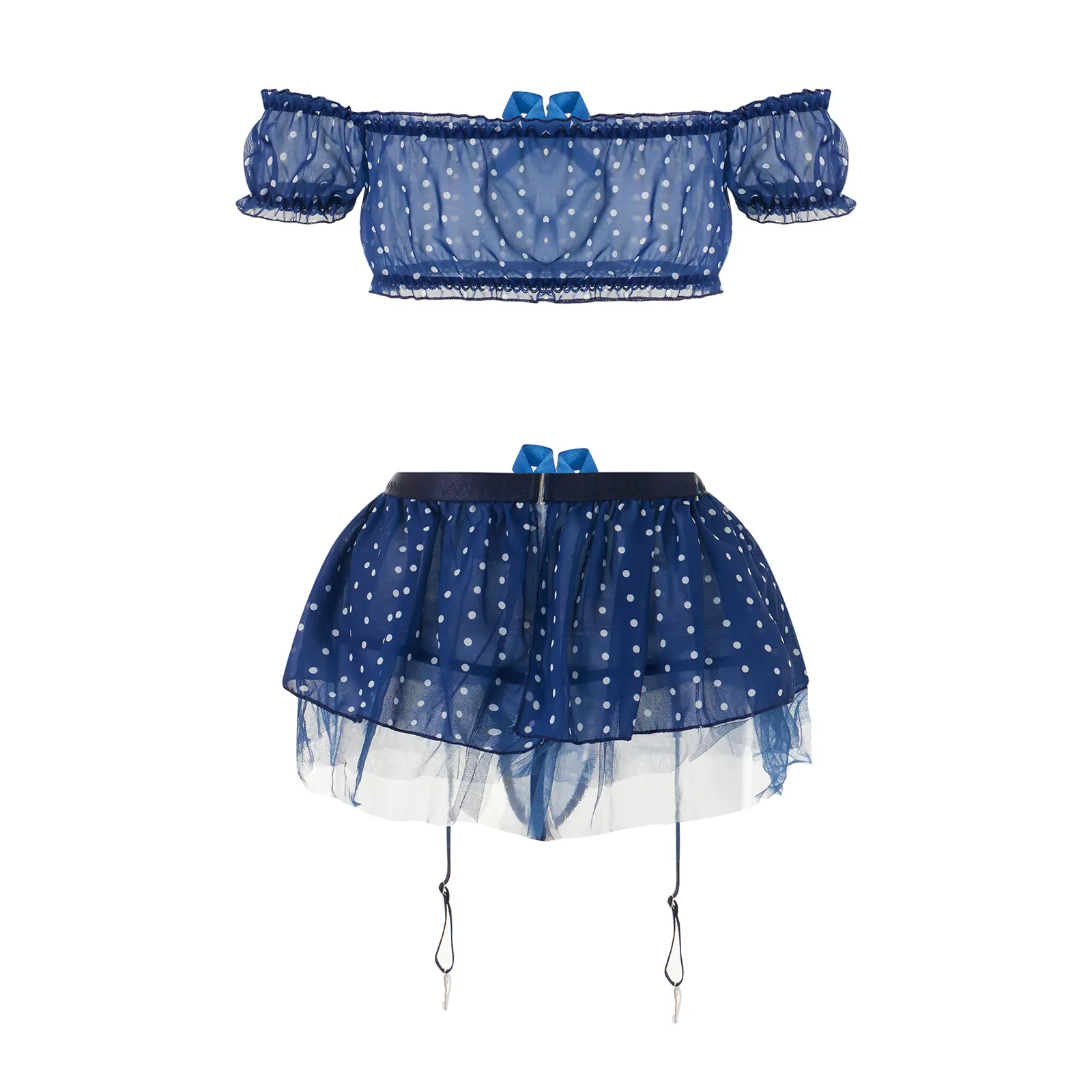 Women's Lingerie Outfits Off Shoulder Crop Tops + Dot Print Mini Skirt + Thong Babydoll Sleepwear