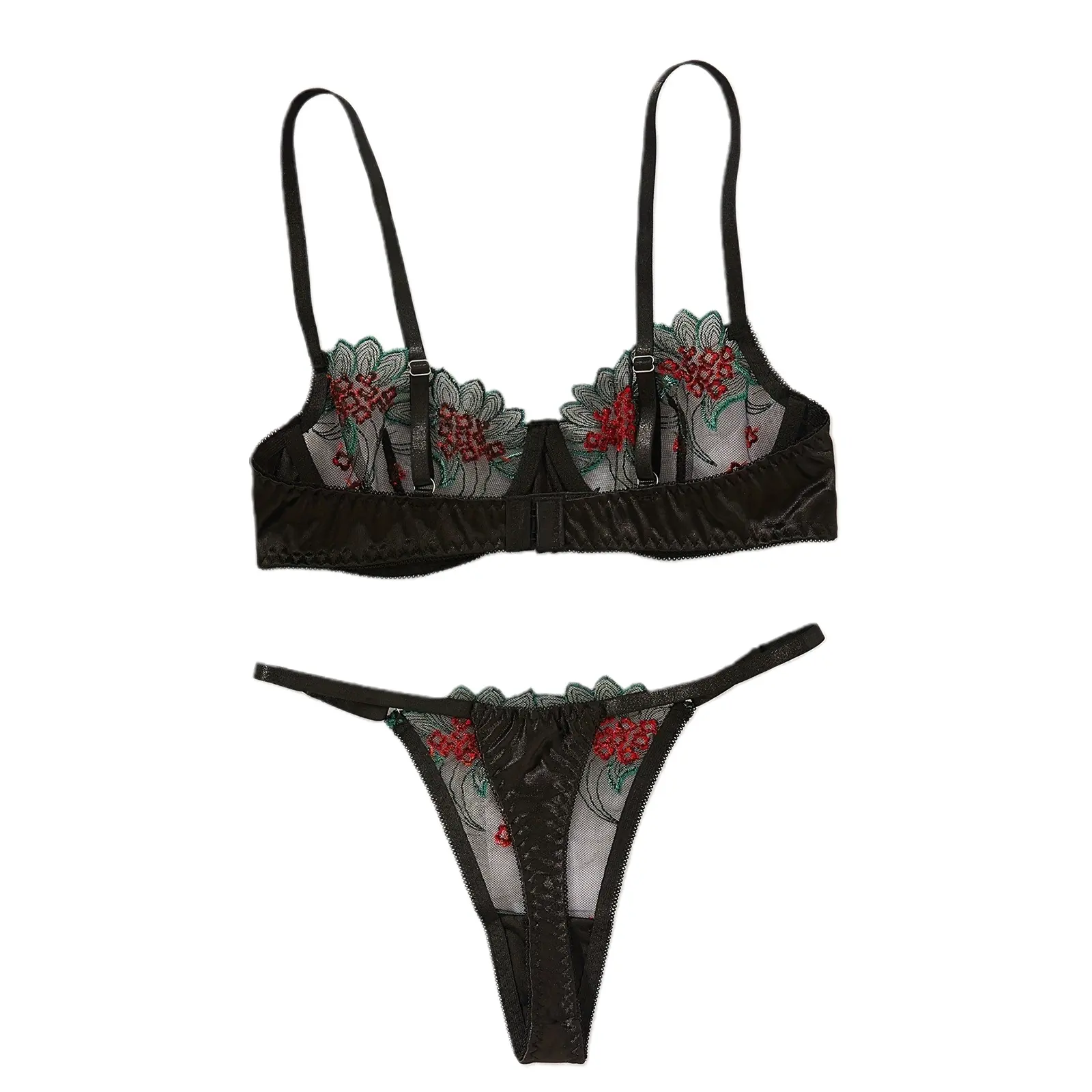 Women's  Outfits Sheer Mesh Floral Embroidery Bra with Low Waist Thong Babydoll Sleepwear