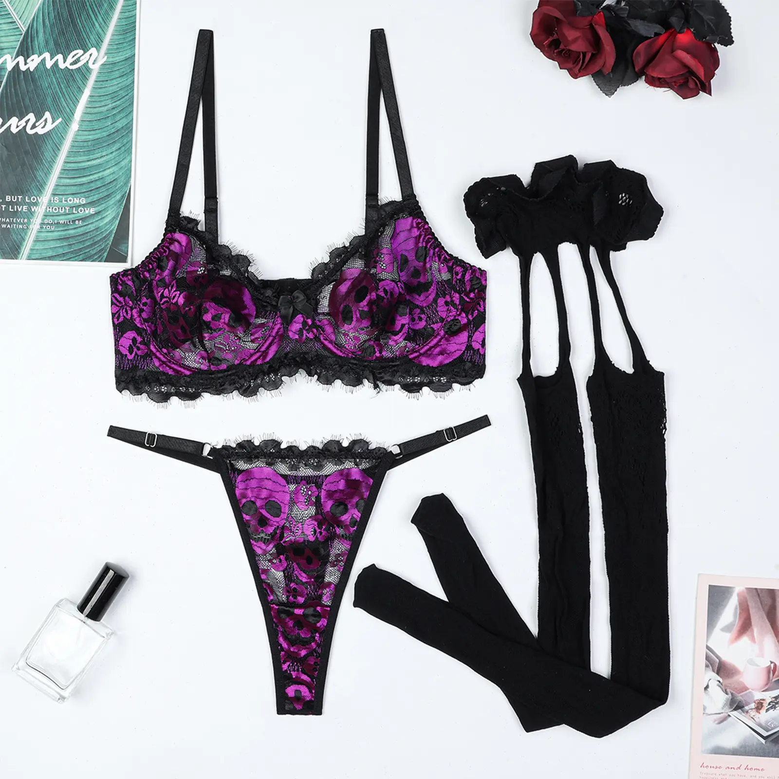 Women Halloween Lingerie Set Skull Print Lace Eyelashes Bra and Thong Garter Stocking Set for Naughty Babydoll Sleepwear