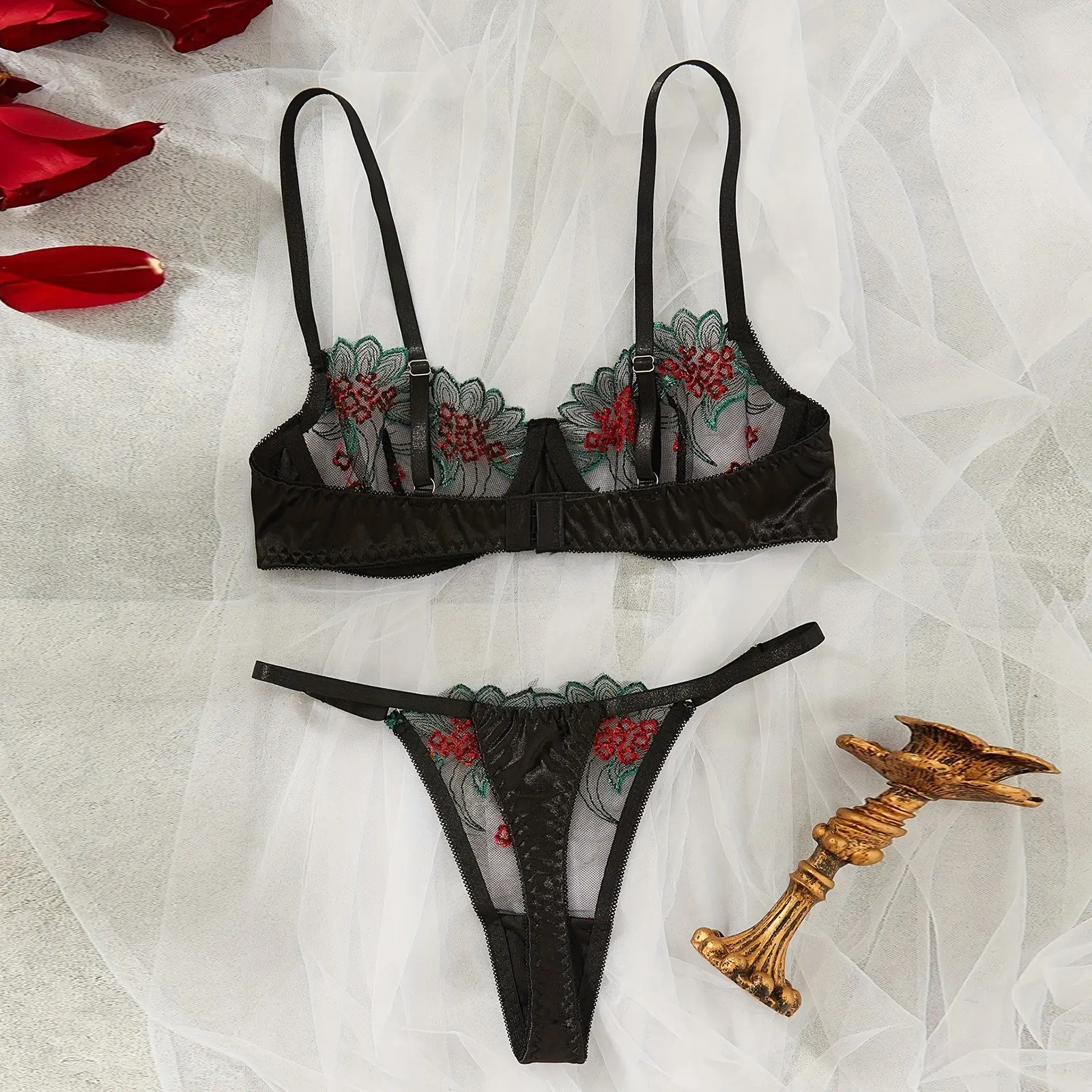 Women's  Outfits Sheer Mesh Floral Embroidery Bra with Low Waist Thong Babydoll Sleepwear