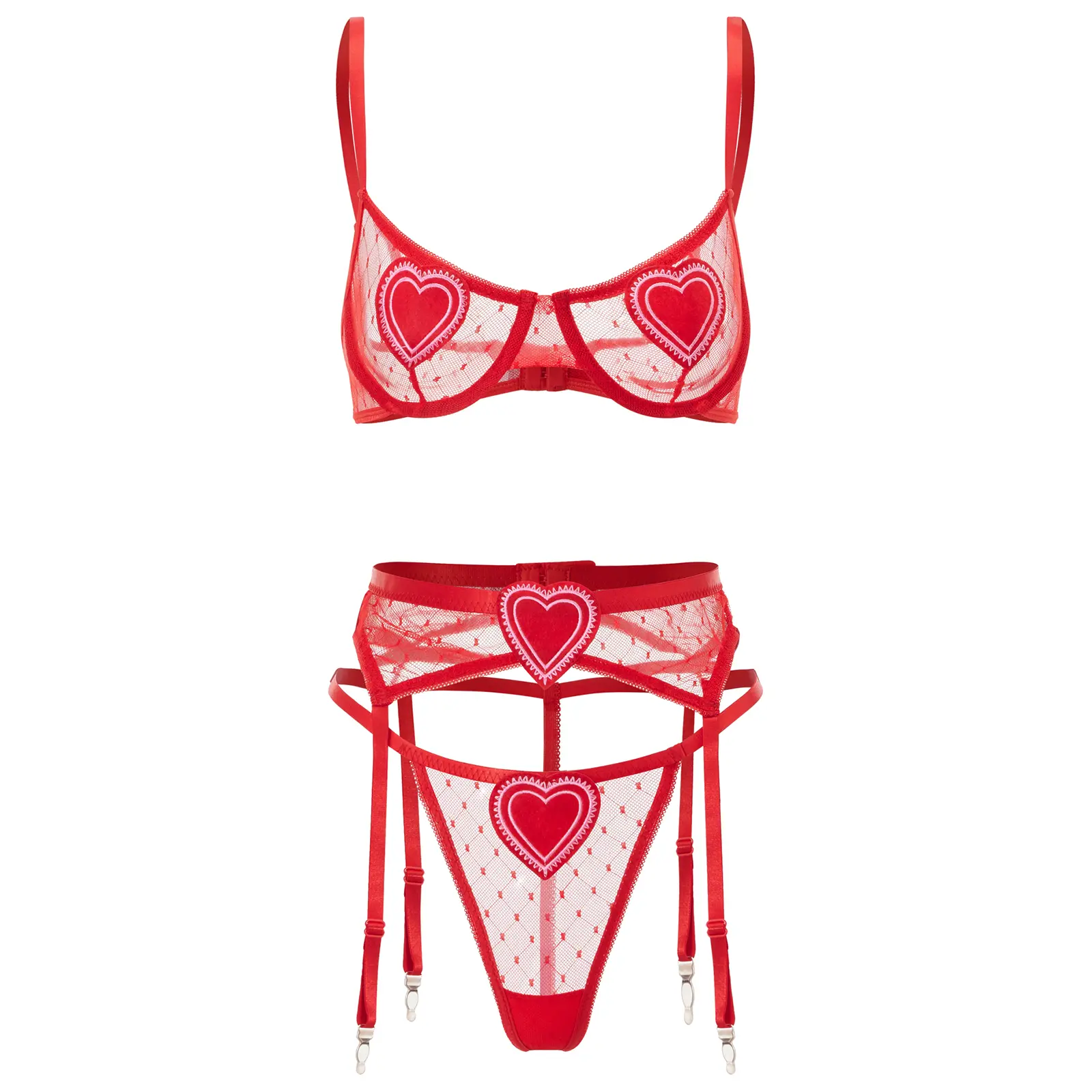 Women's  Outfits Applique Heart Bra with Low Waist Thong Garters Belt Babydoll Sheer Sleepwear