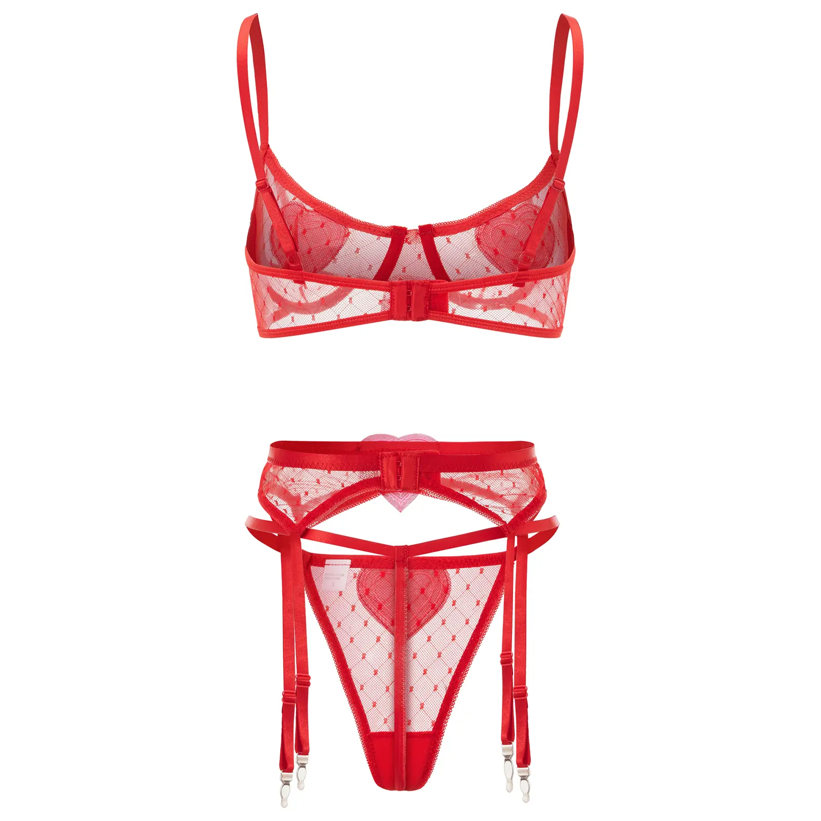 Women's  Outfits Applique Heart Bra with Low Waist Thong Garters Belt Babydoll Sheer Sleepwear