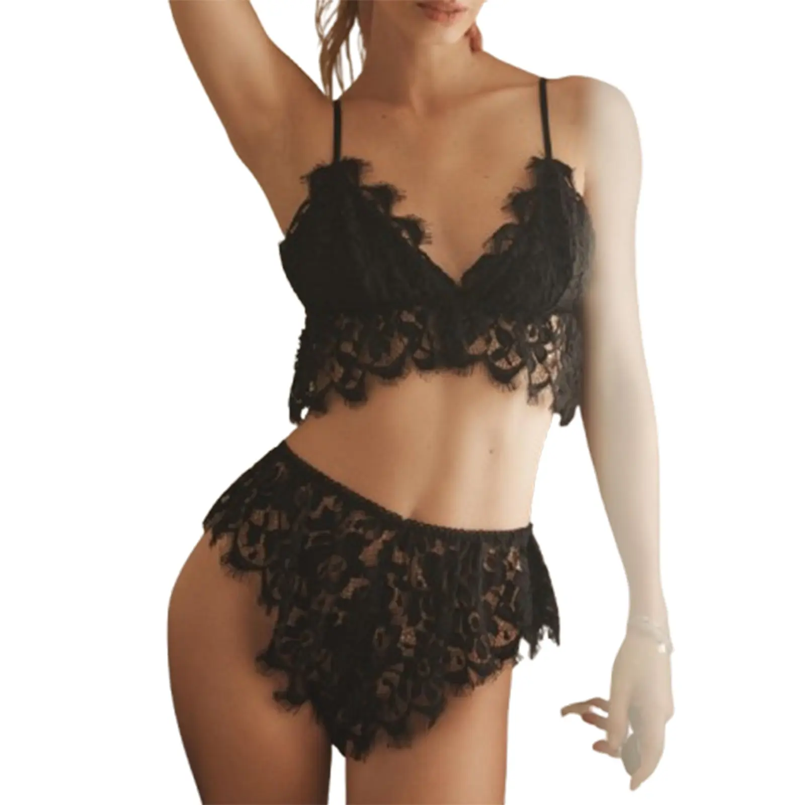 Women's 2 Piece Lace  Set Eyelash Bralette and Panty Set Babydoll Sleepwear