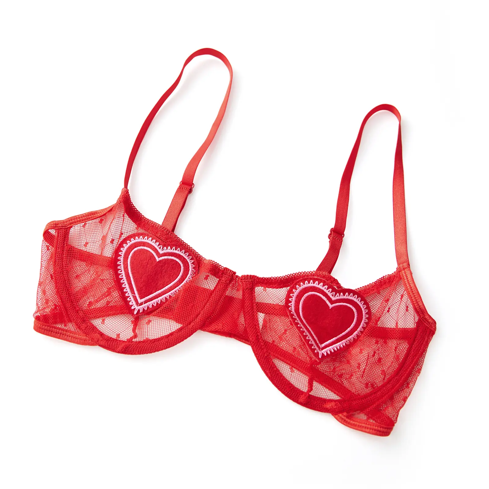 Women's  Outfits Applique Heart Bra with Low Waist Thong Garters Belt Babydoll Sheer Sleepwear