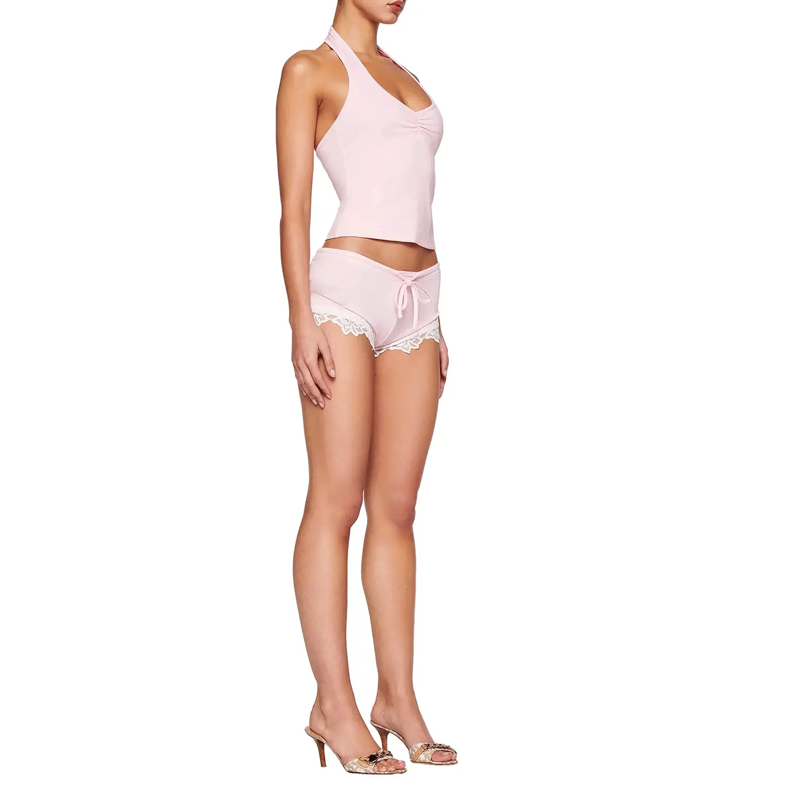 Women Summer Shorts Outfits Solid Color Halter Neck Sleeveless Tank Tops and Lace Trim Shorts 2 Pieces Clothes Set