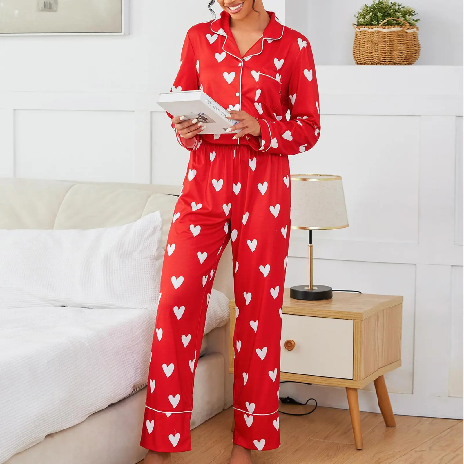 Women's Heart Print Loungewear Set Long Sleeve Lapel Button Down Tops with Elastic Waist Long Pants Fall Sleepwear