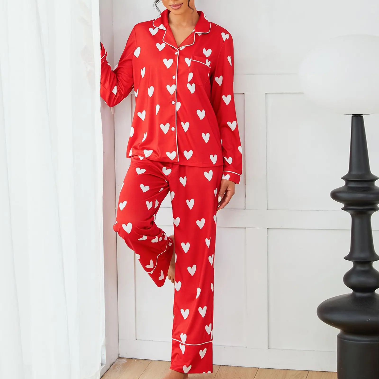 Women's Heart Print Loungewear Set Long Sleeve Lapel Button Down Tops with Elastic Waist Long Pants Fall Sleepwear