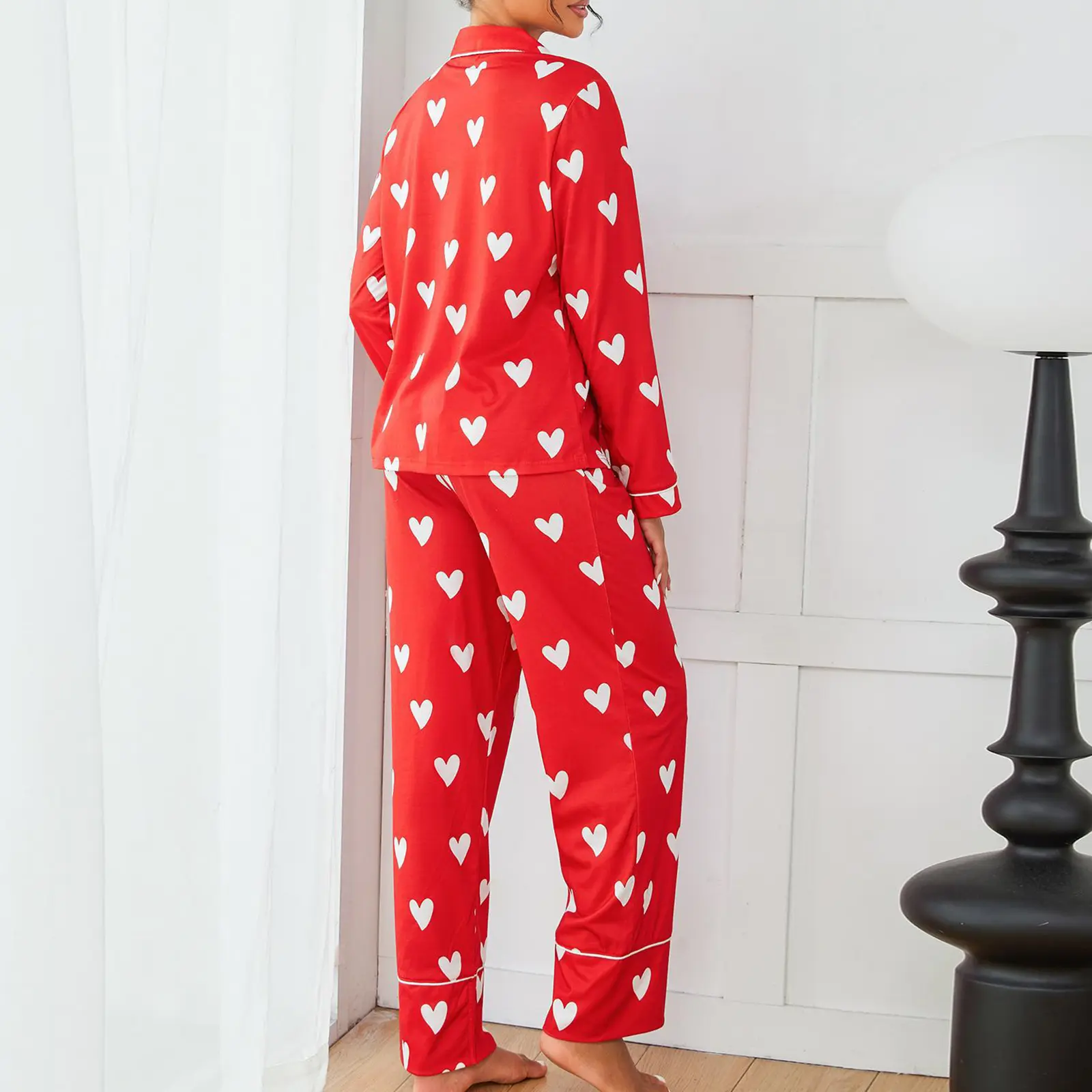 Women's Heart Print Loungewear Set Long Sleeve Lapel Button Down Tops with Elastic Waist Long Pants Fall Sleepwear