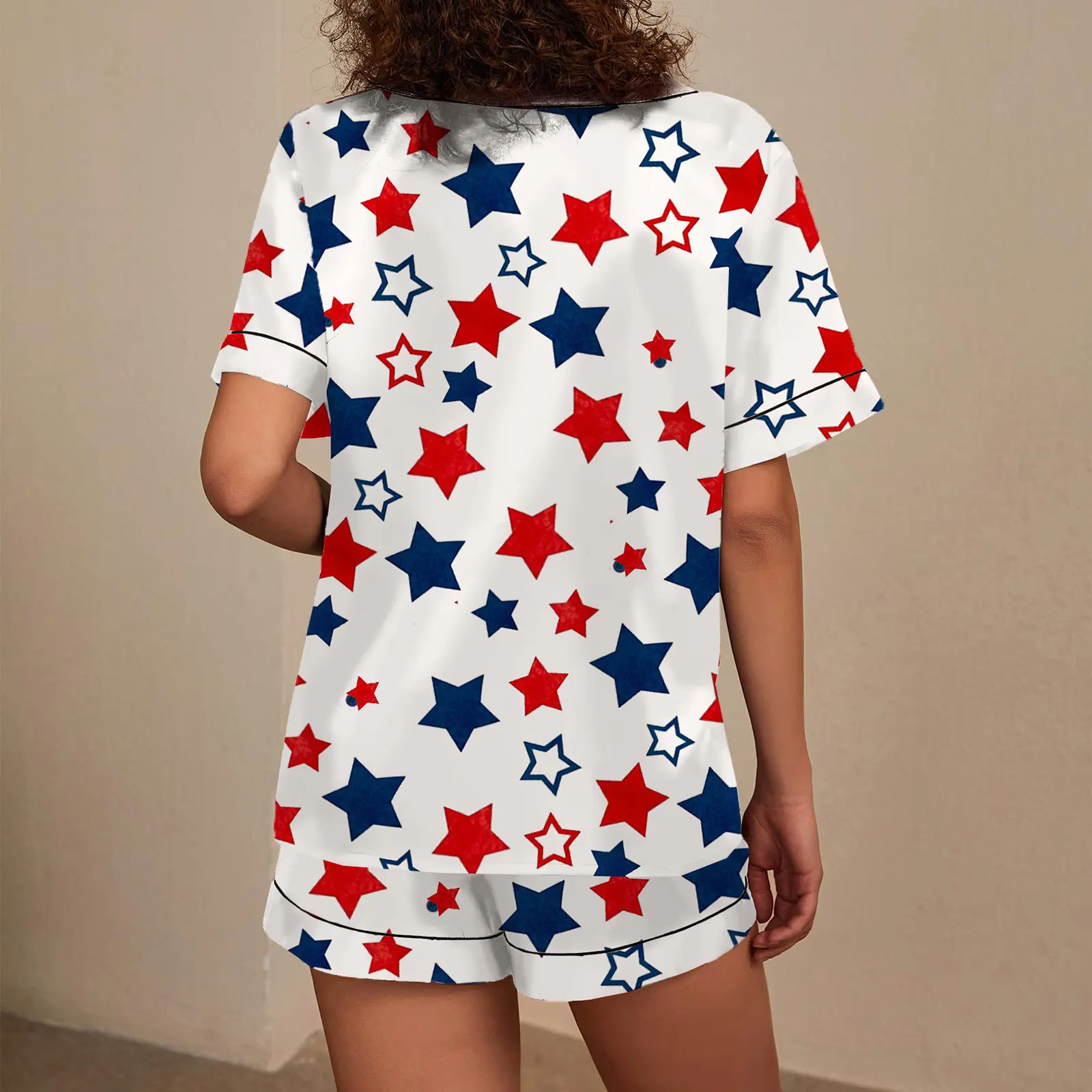 Women Pajama Set, Flags Stars Print Short Sleeve V-neck T-shirt with Shorts Sleepwear Loungewear