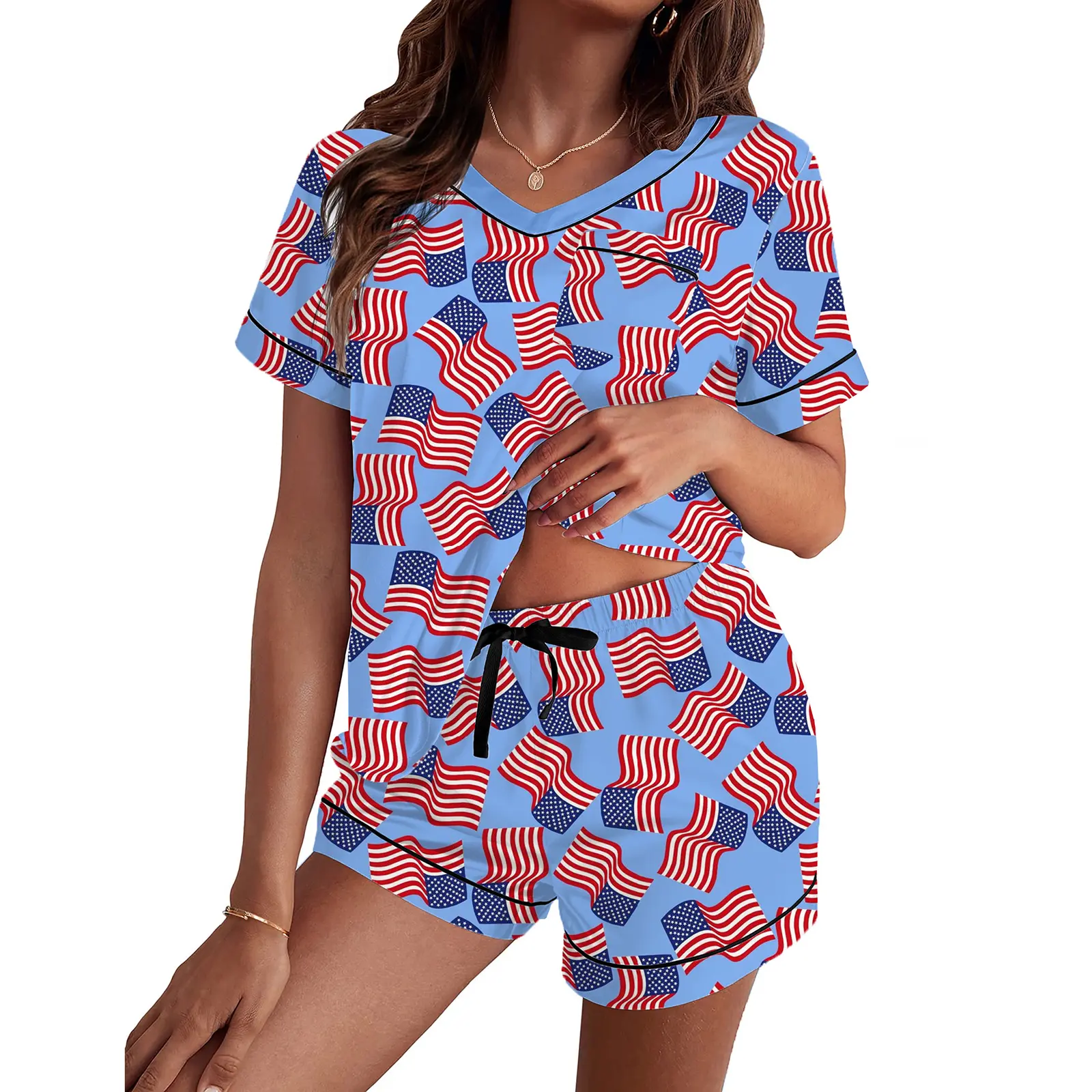 Women Pajama Set, Flags Stars Print Short Sleeve V-neck T-shirt with Shorts Sleepwear Loungewear