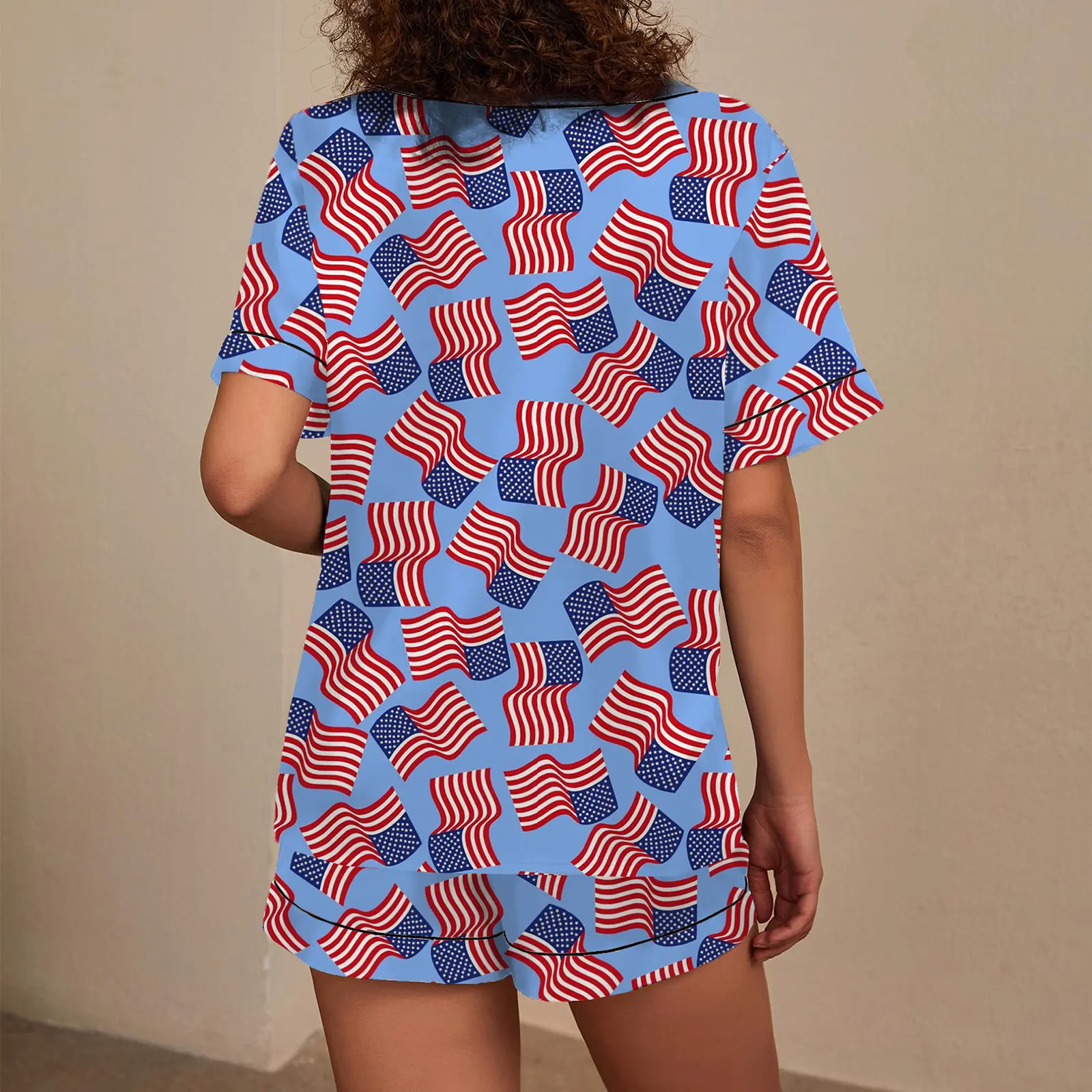 Women Pajama Set, Flags Stars Print Short Sleeve V-neck T-shirt with Shorts Sleepwear Loungewear