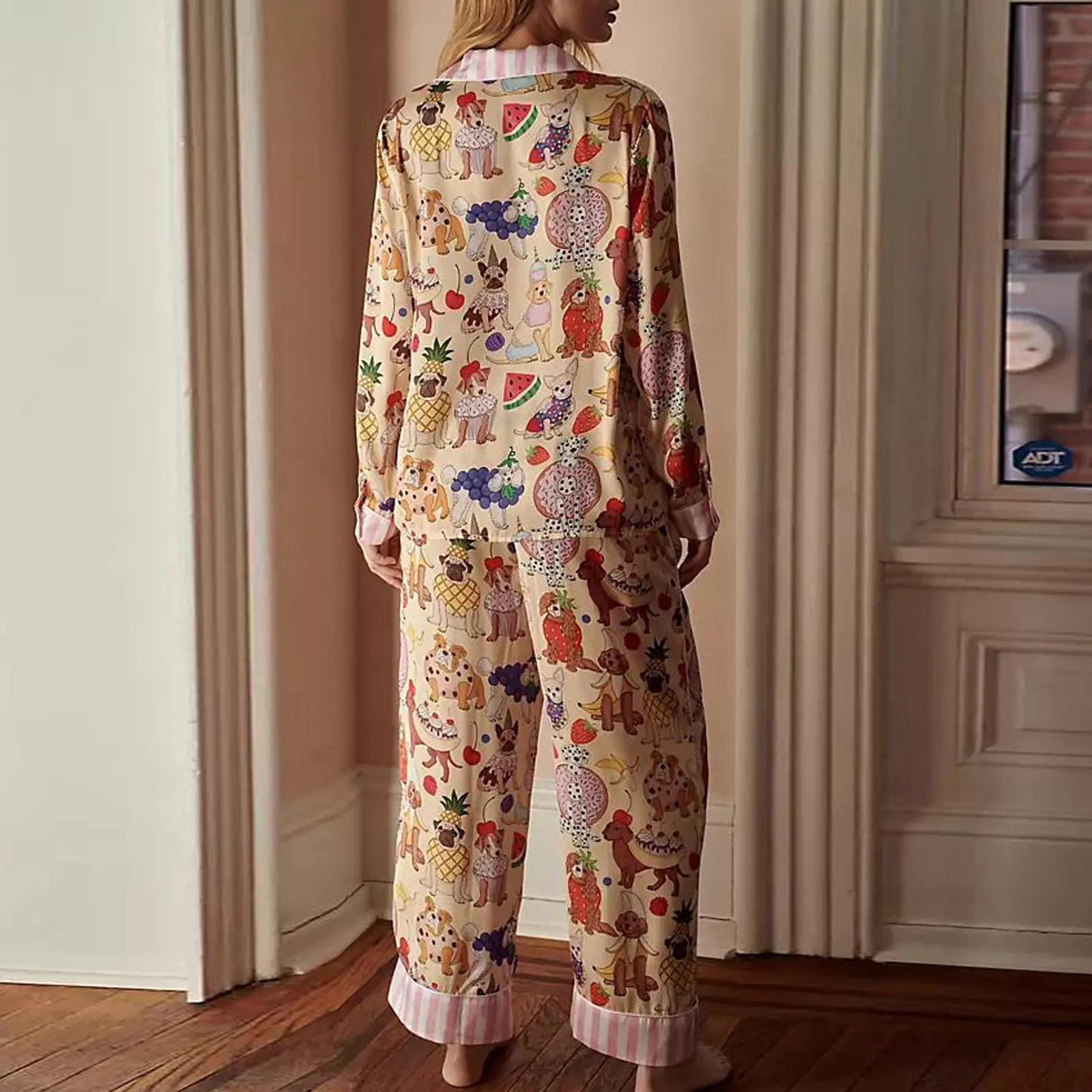 Women Pajamas Lounge Set Dog Desserts Print Long Sleeve Shirts Tops and Pants 2 Piece Loungewear Outfits