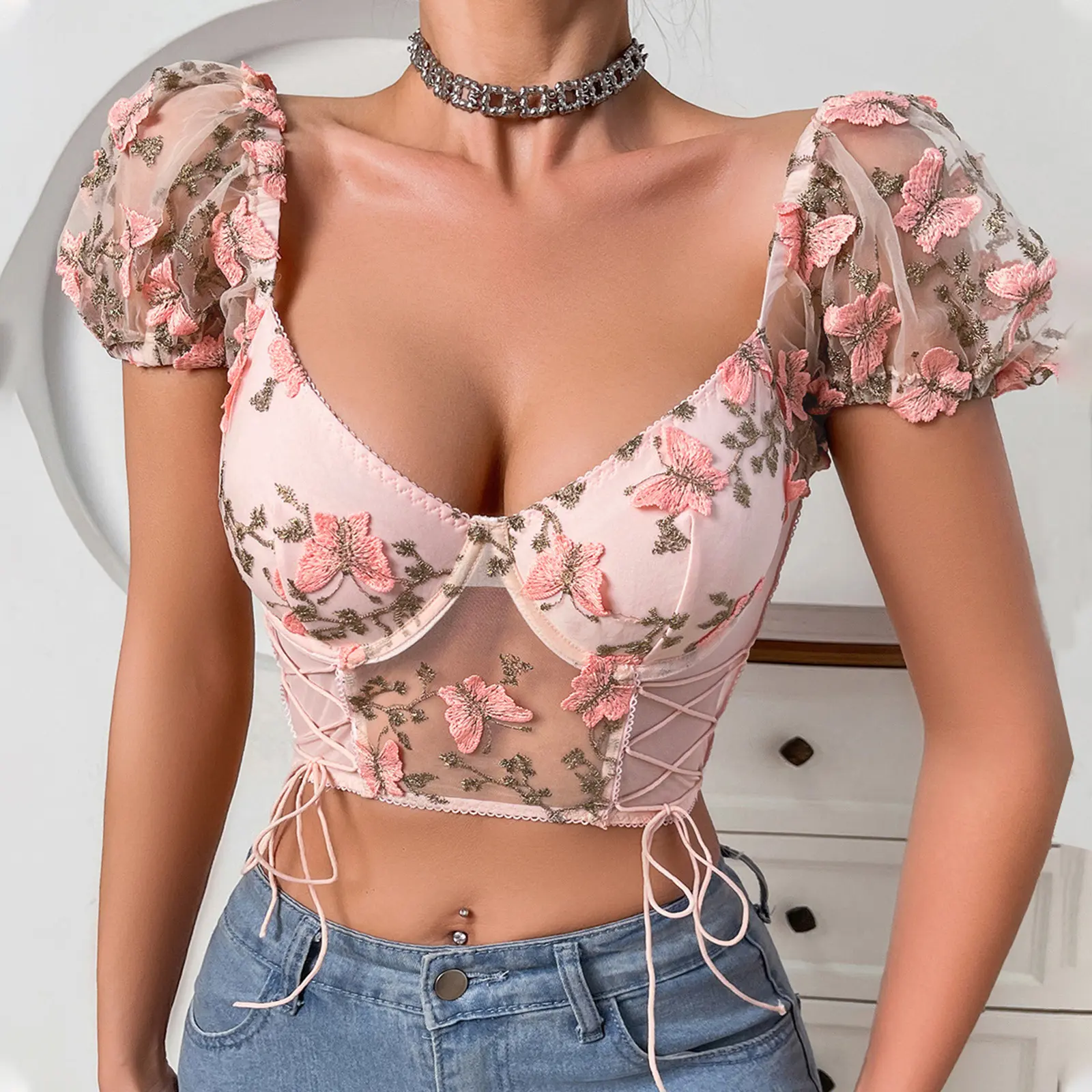 Women's Mesh Lingerie Outfits Butterfly Embroidery Short Puff Sleeve Crop Tops + Thong Babydoll Sleepwear