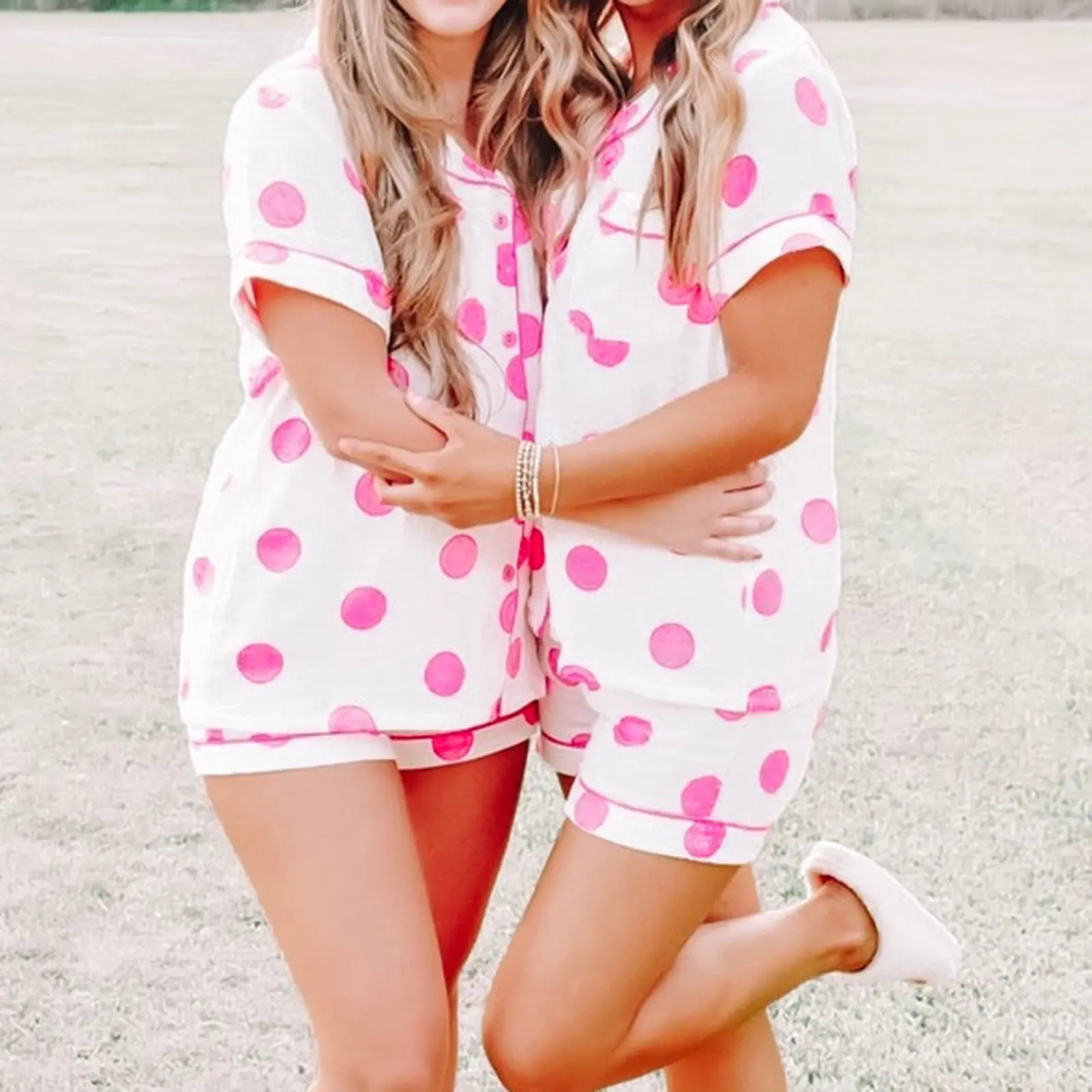 Women Pajamas Set 2 Pieces Loungewear Suits Dot Print Short Sleeve Tops and Shorts 2 Piece Loungewear Outfits