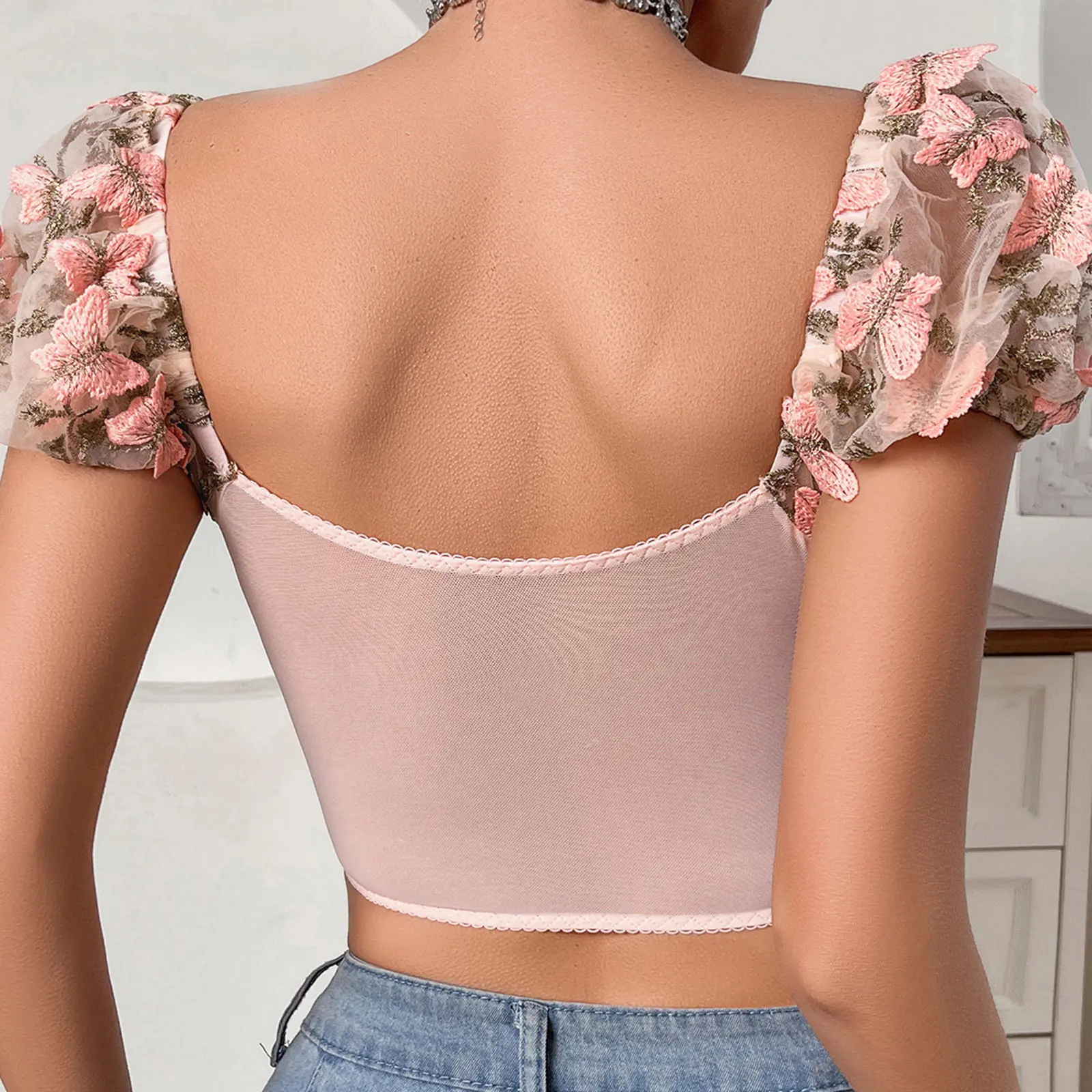 Women's Mesh Lingerie Outfits Butterfly Embroidery Short Puff Sleeve Crop Tops + Thong Babydoll Sleepwear