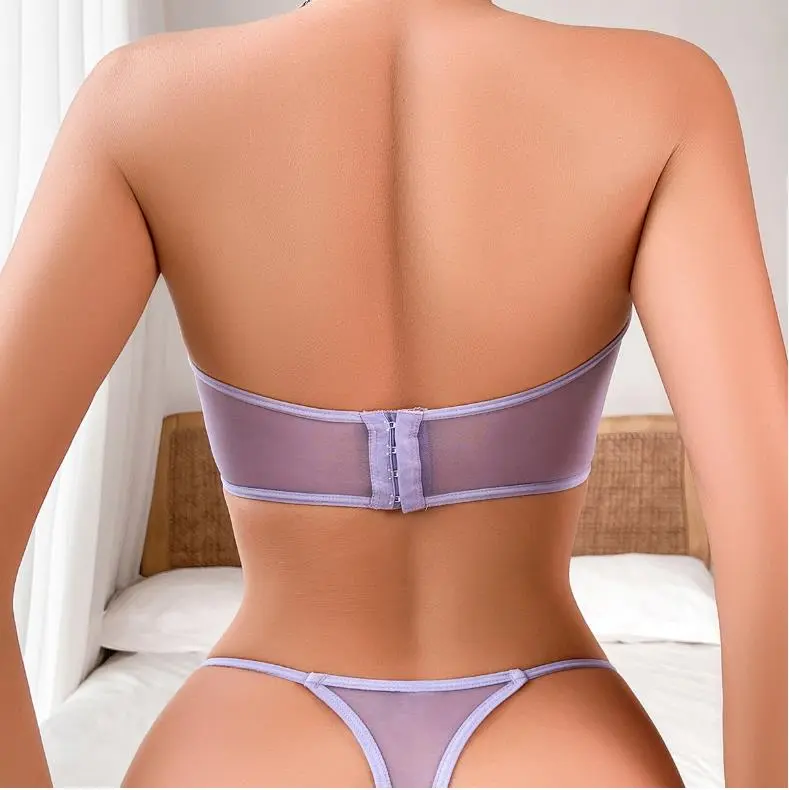 Women's Lingerie Outfits Butterfly Embroidery Strapless Bra + Low Waist Thong See-Through Babydoll Sleepwear