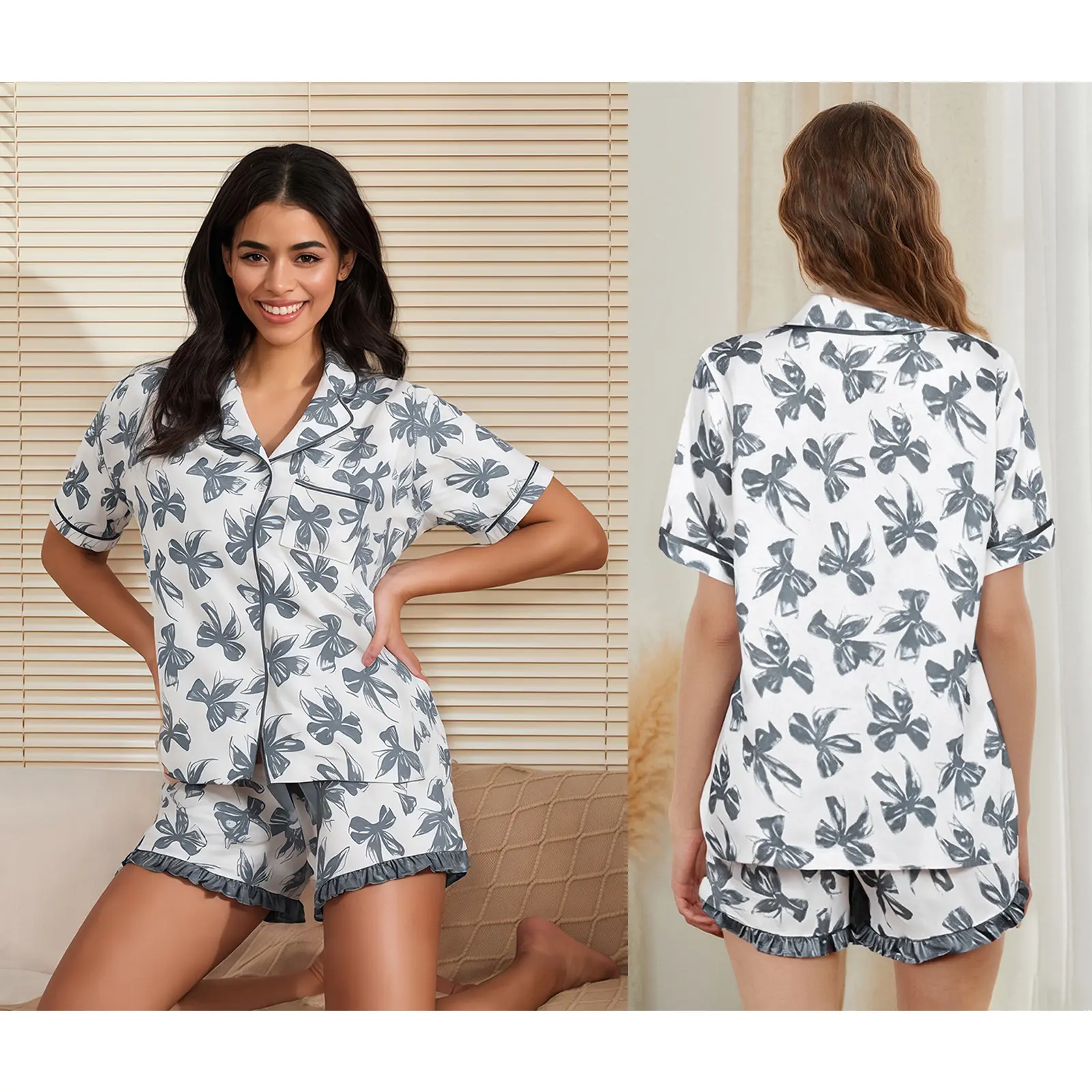 Women Pajamas Set 2 Pieces Loungewear Suits Bow Print Short Sleeve Tops and Shorts 2 Piece Loungewear Outfits