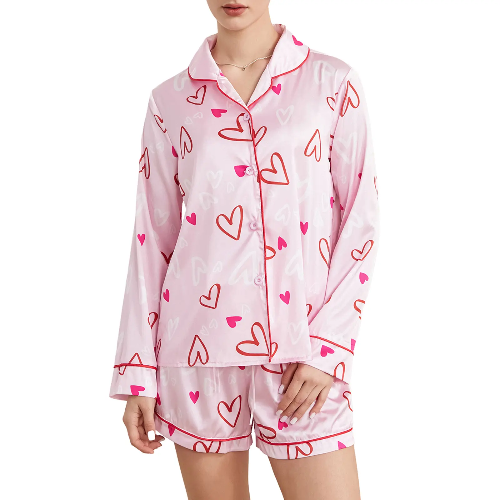 Women Pajamas Set 2 Pieces Loungewear Suits Heart Print Long Sleeve Loose Shirts Tops and Shorts Sleepwear Outfits
