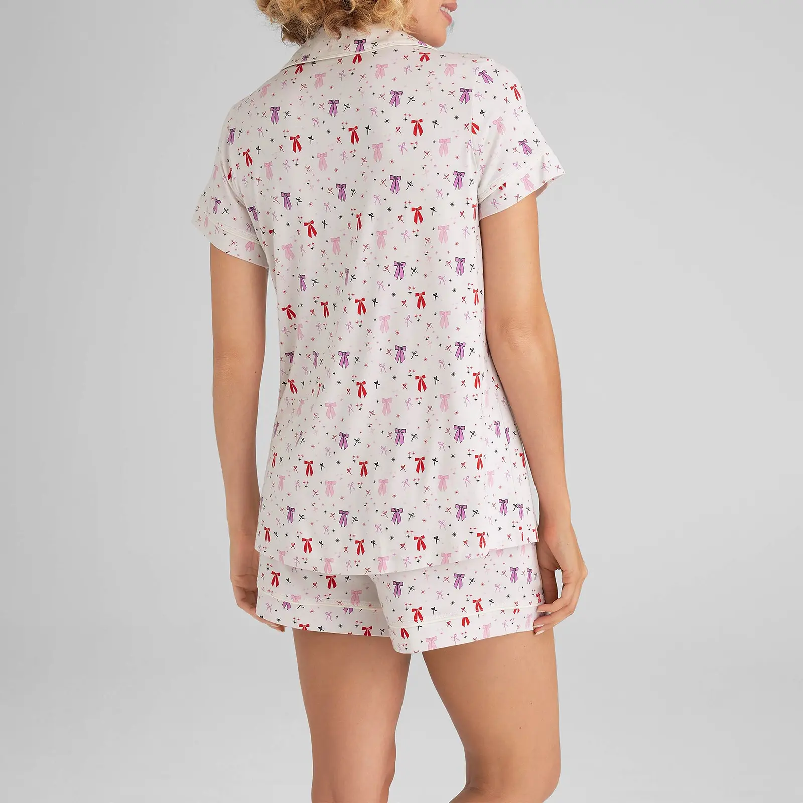 Women's 2 Piece Lounge Set Short Sleeve Lapel Bow/Heart Print Button Up Tops Shorts Sleepwear Sets