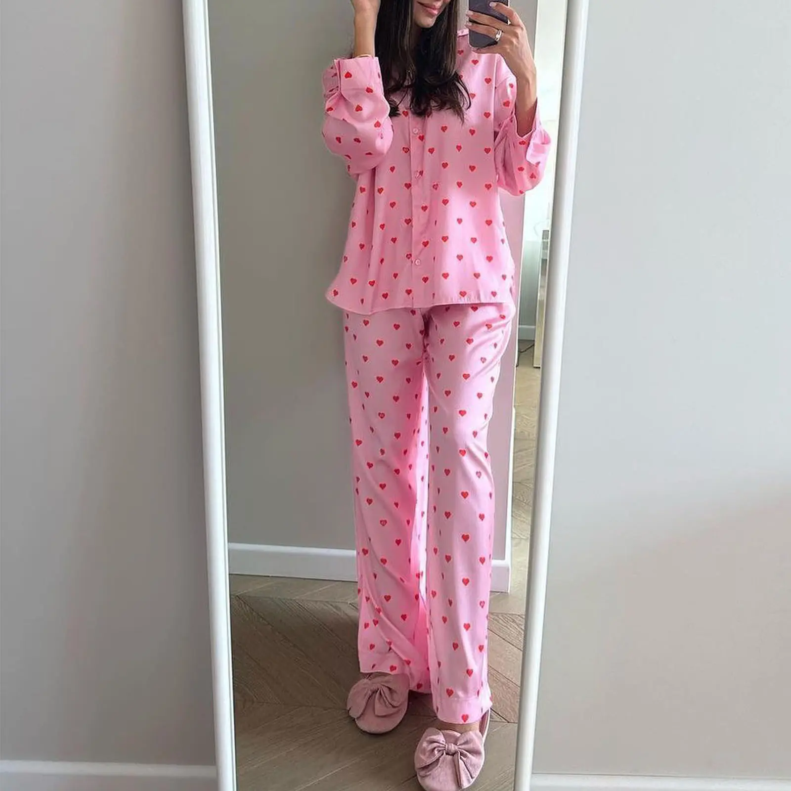 Women Fall Pants Outfits Heart Print Turn-Down Collar Long Sleeve Shirts Tops High Waist Wide-Leg Pants 2 Pieces Clothes Set