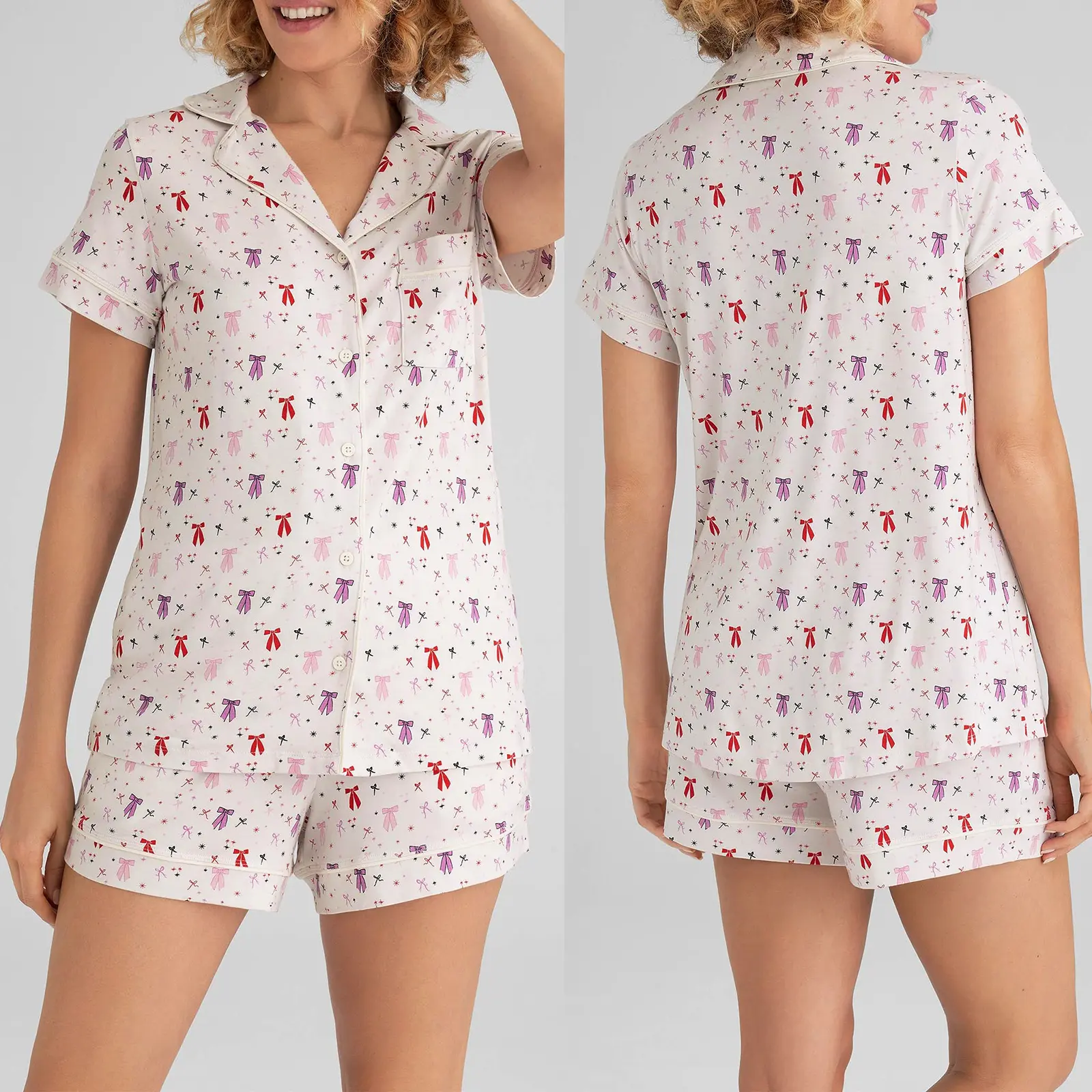 Women's 2 Piece Lounge Set Short Sleeve Lapel Bow/Heart Print Button Up Tops Shorts Sleepwear Sets