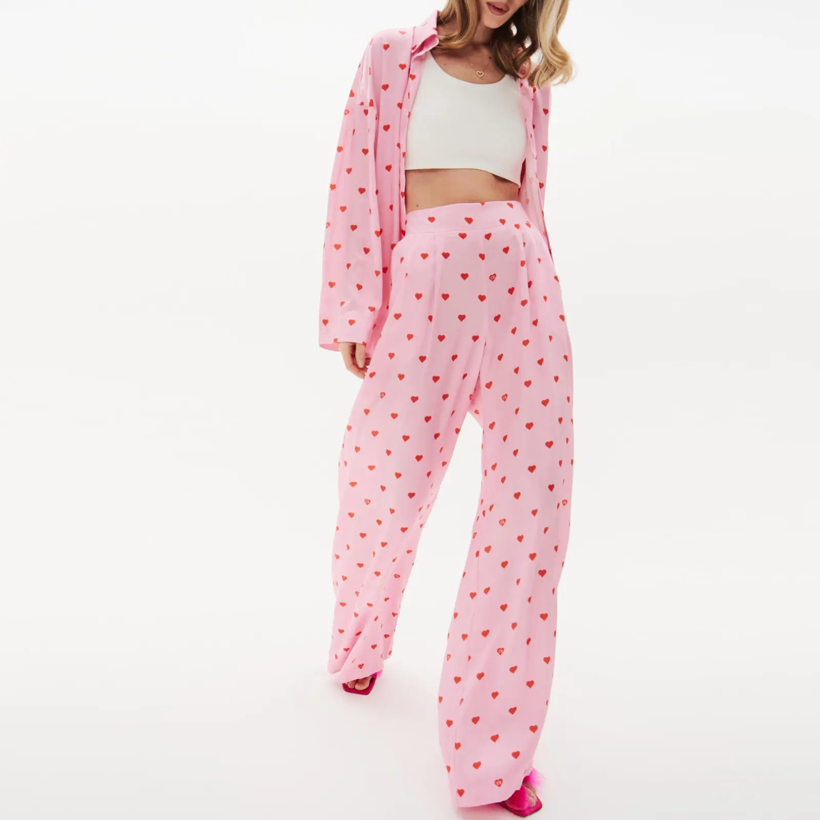 Women Fall Pants Outfits Heart Print Turn-Down Collar Long Sleeve Shirts Tops High Waist Wide-Leg Pants 2 Pieces Clothes Set