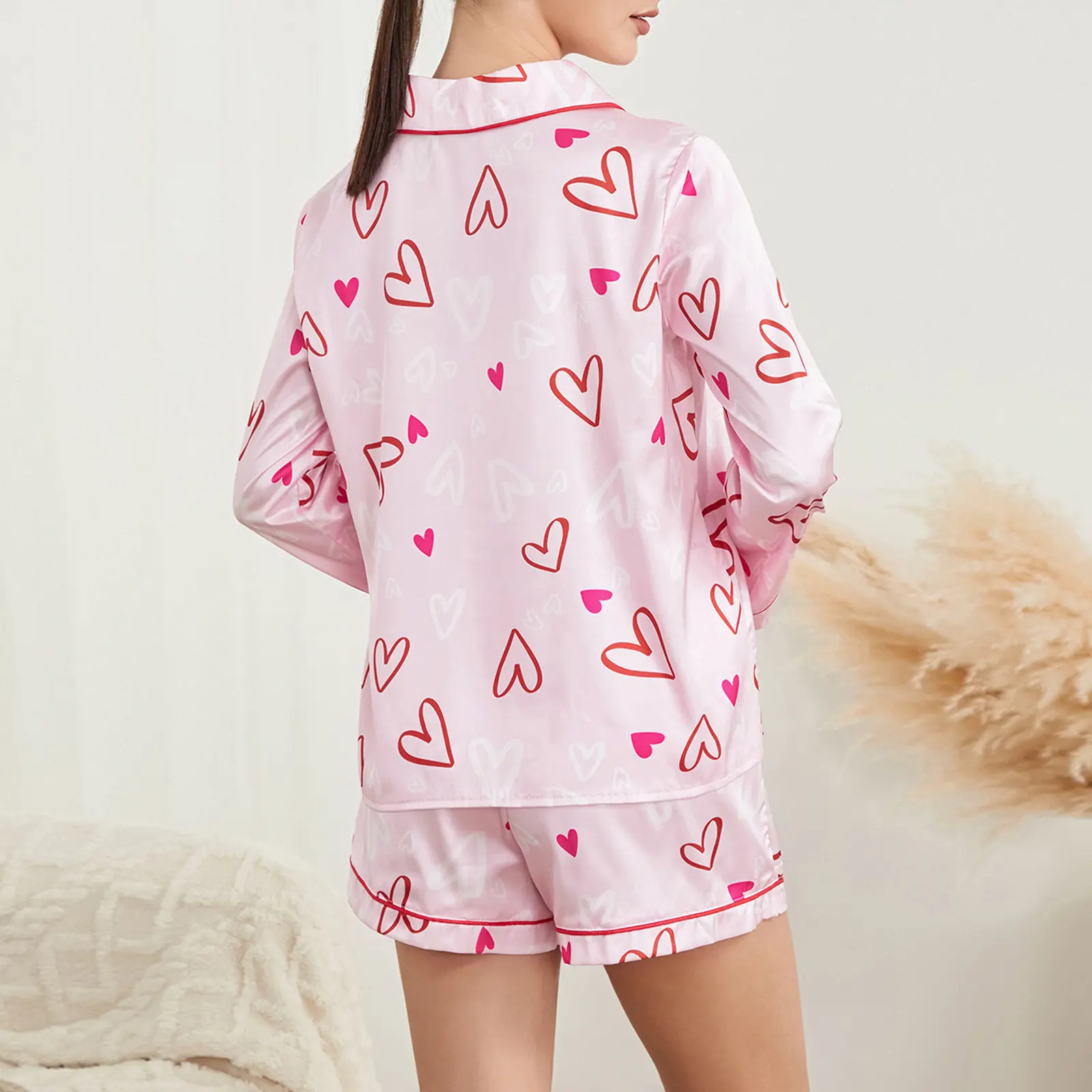 Women Pajamas Set 2 Pieces Loungewear Suits Heart Print Long Sleeve Loose Shirts Tops and Shorts Sleepwear Outfits