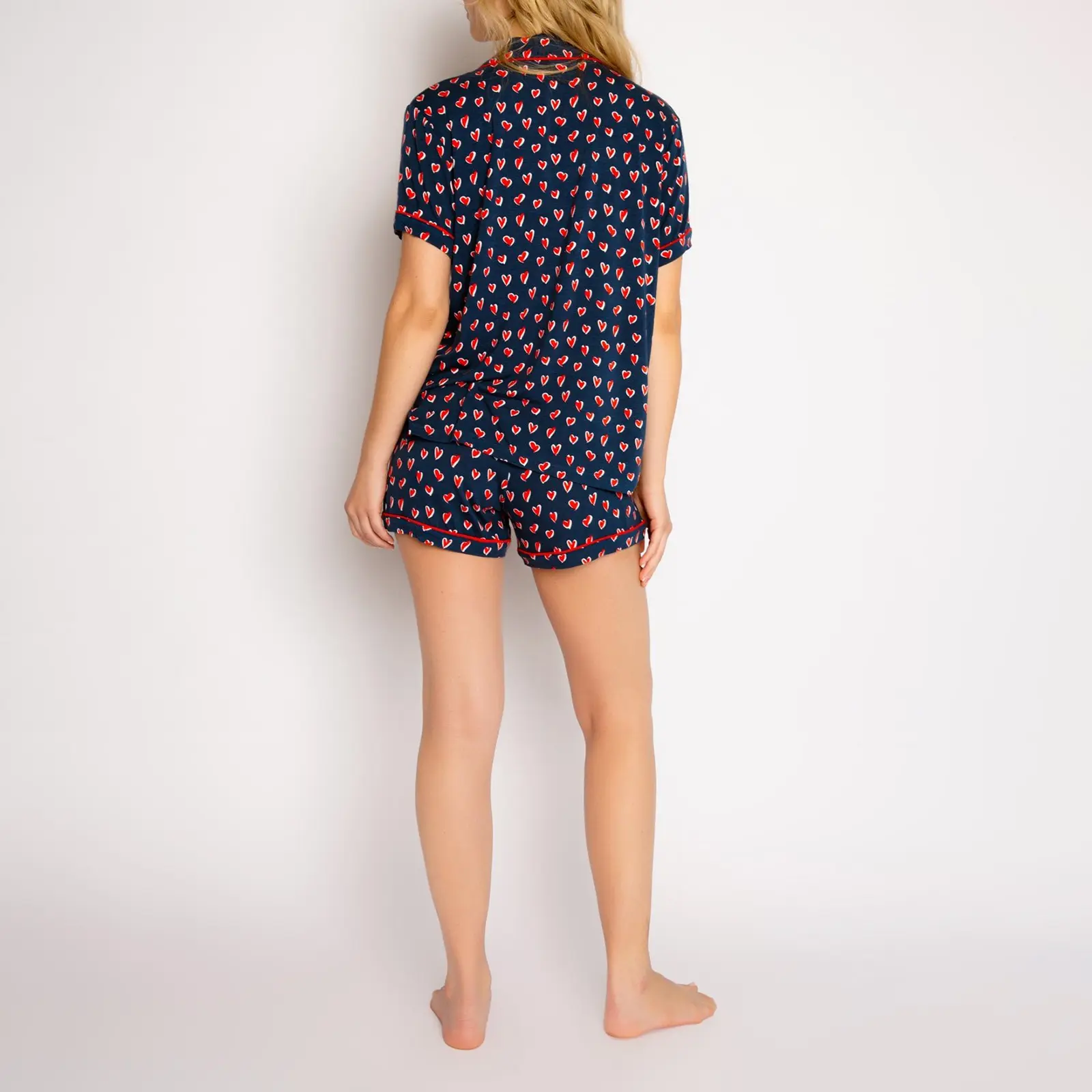 Women's 2 Piece Lounge Set Short Sleeve Lapel Bow/Heart Print Button Up Tops Shorts Sleepwear Sets