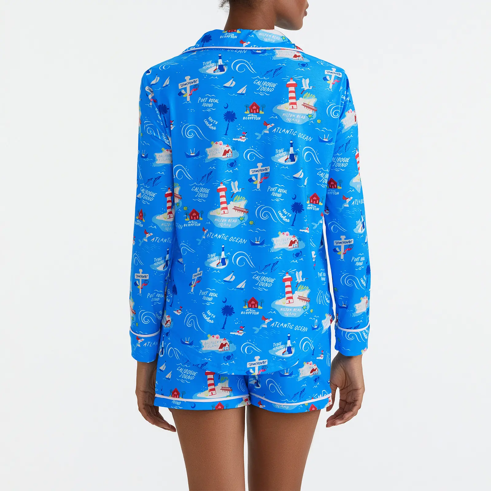 New Women's 2 Piece Lounge Set, Tree Print Lapel Neck Long Sleeve Button Down Soft Tops Drawstring Shorts Pajama Outfit