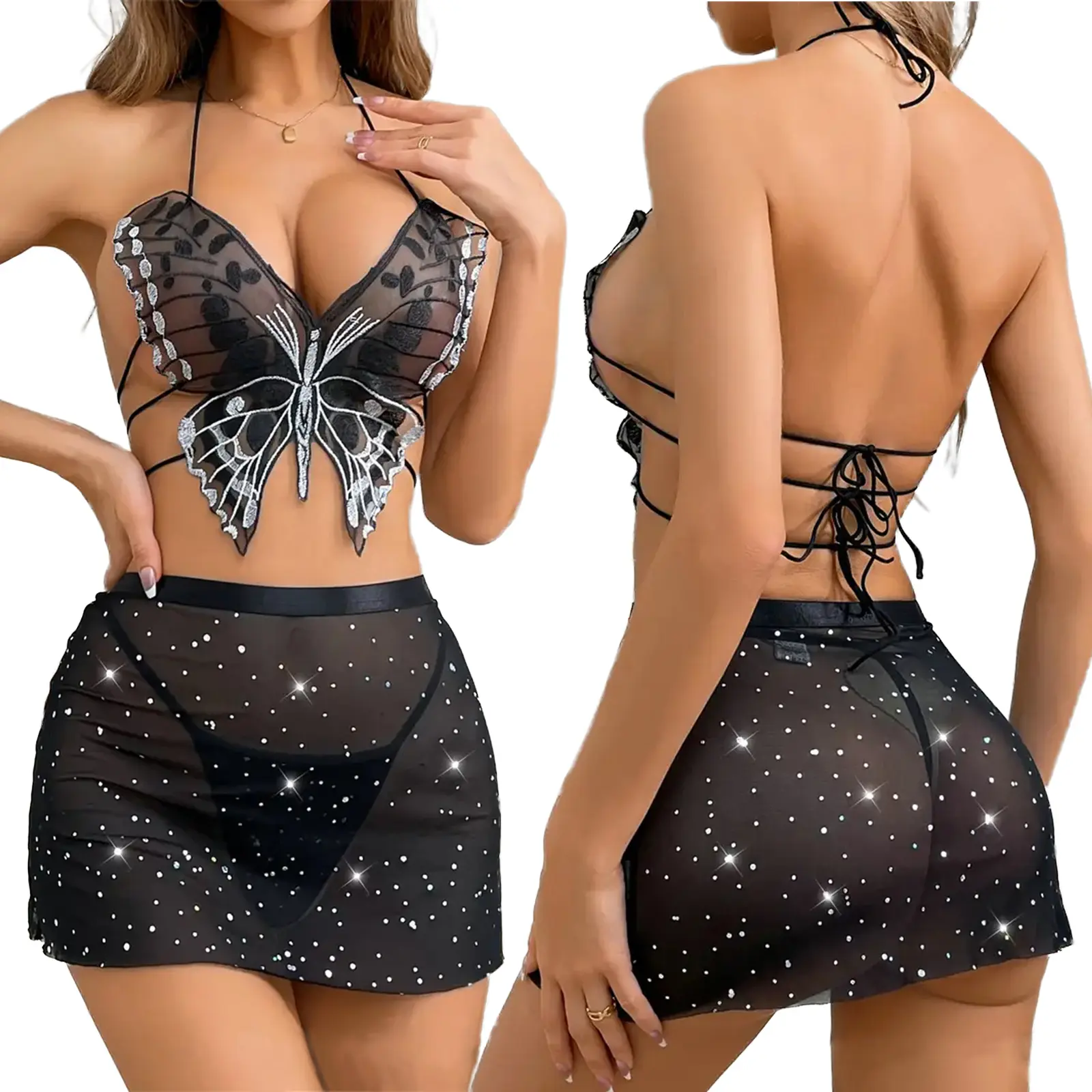Women Lingerie Set See Through Embroidery Butterfly Halter Tops Sequin Mini Skirt and Thong 3 Pcs Set